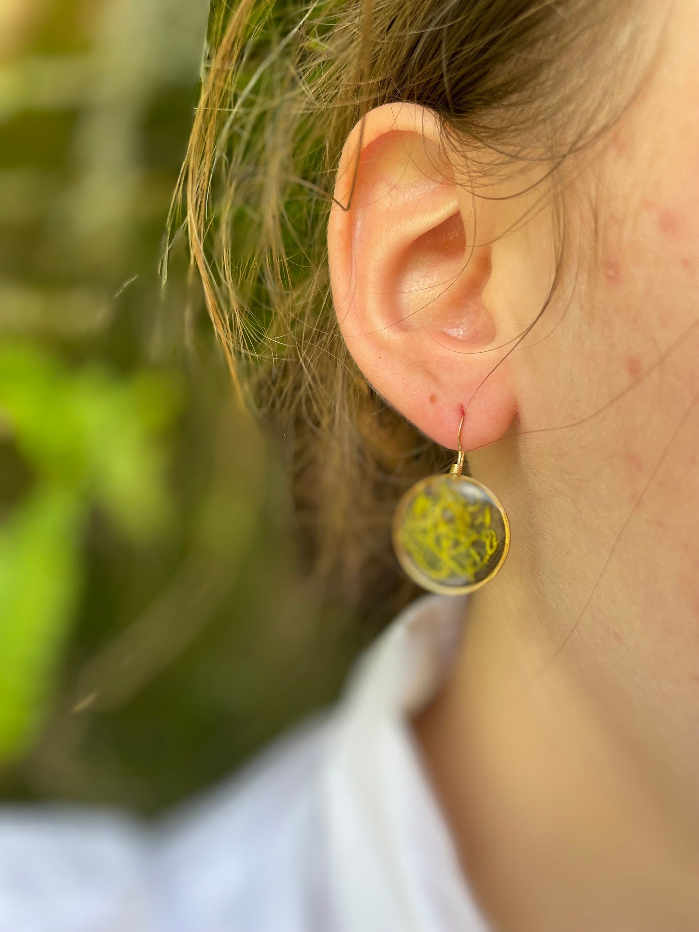 Green Moss Earrings: Gold Resin Botanical Jewelry, Nature Gift