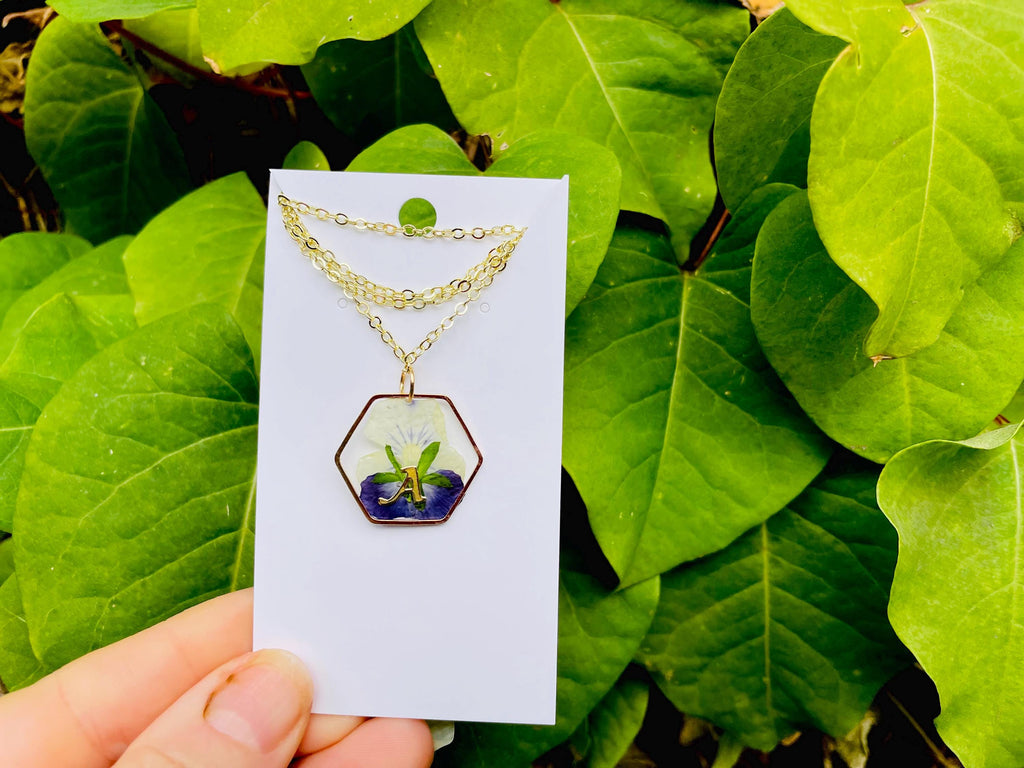 Real Violet Flower Necklace with Initial Pendant | Personalized Unique February Birthday Gift for Her
