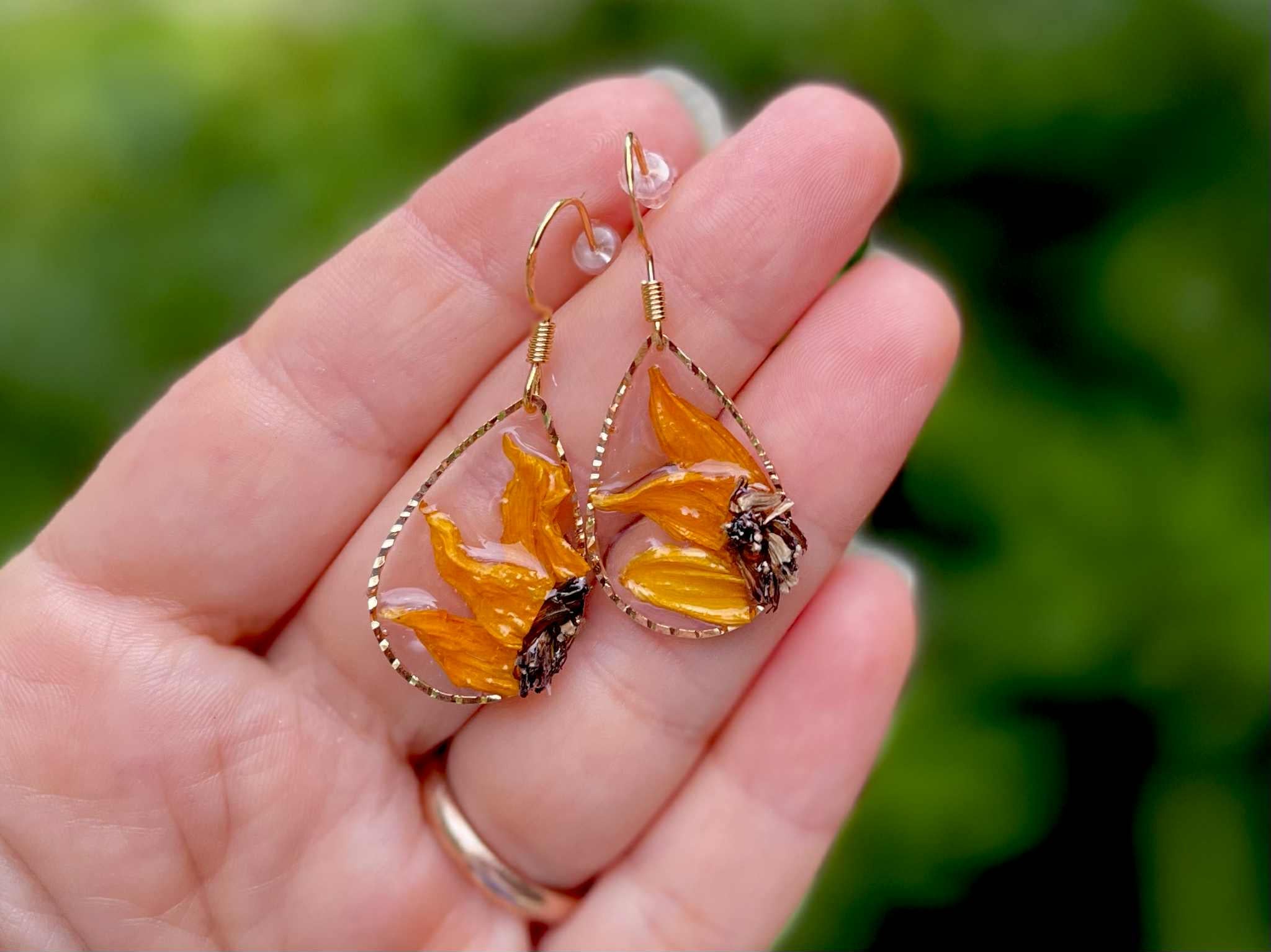 Sunflower Earrings: Real Flower Resin Dangle Drops, August Birth Month