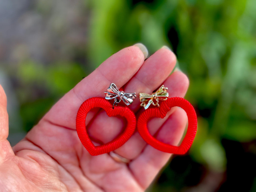Red Heart Earrings: Silk Wrapped Bow Studs, Romantic Jewelry