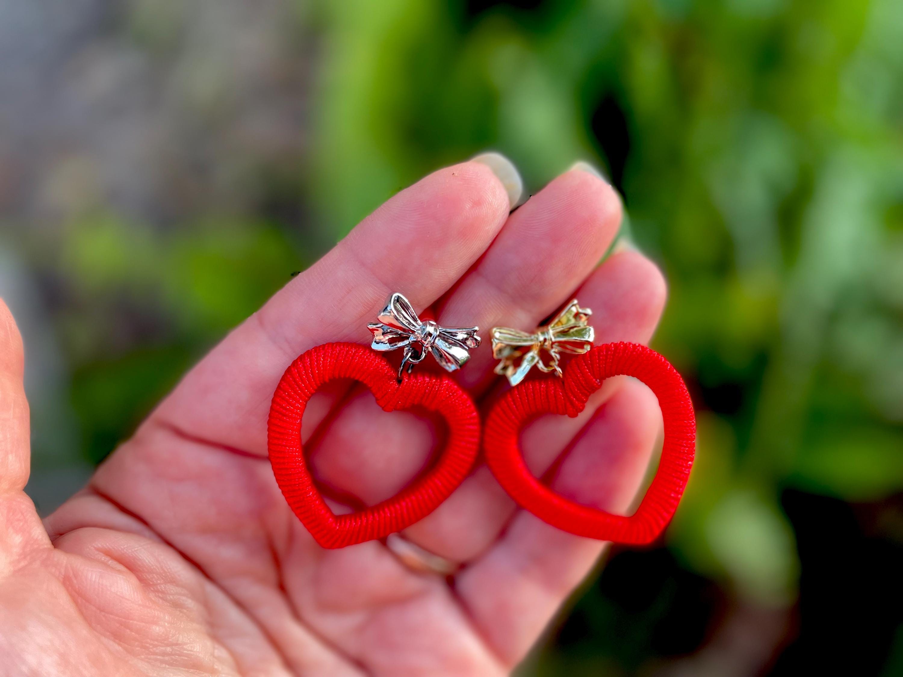 Red Heart Earrings: Silk Wrapped Bow Studs, Romantic Jewelry