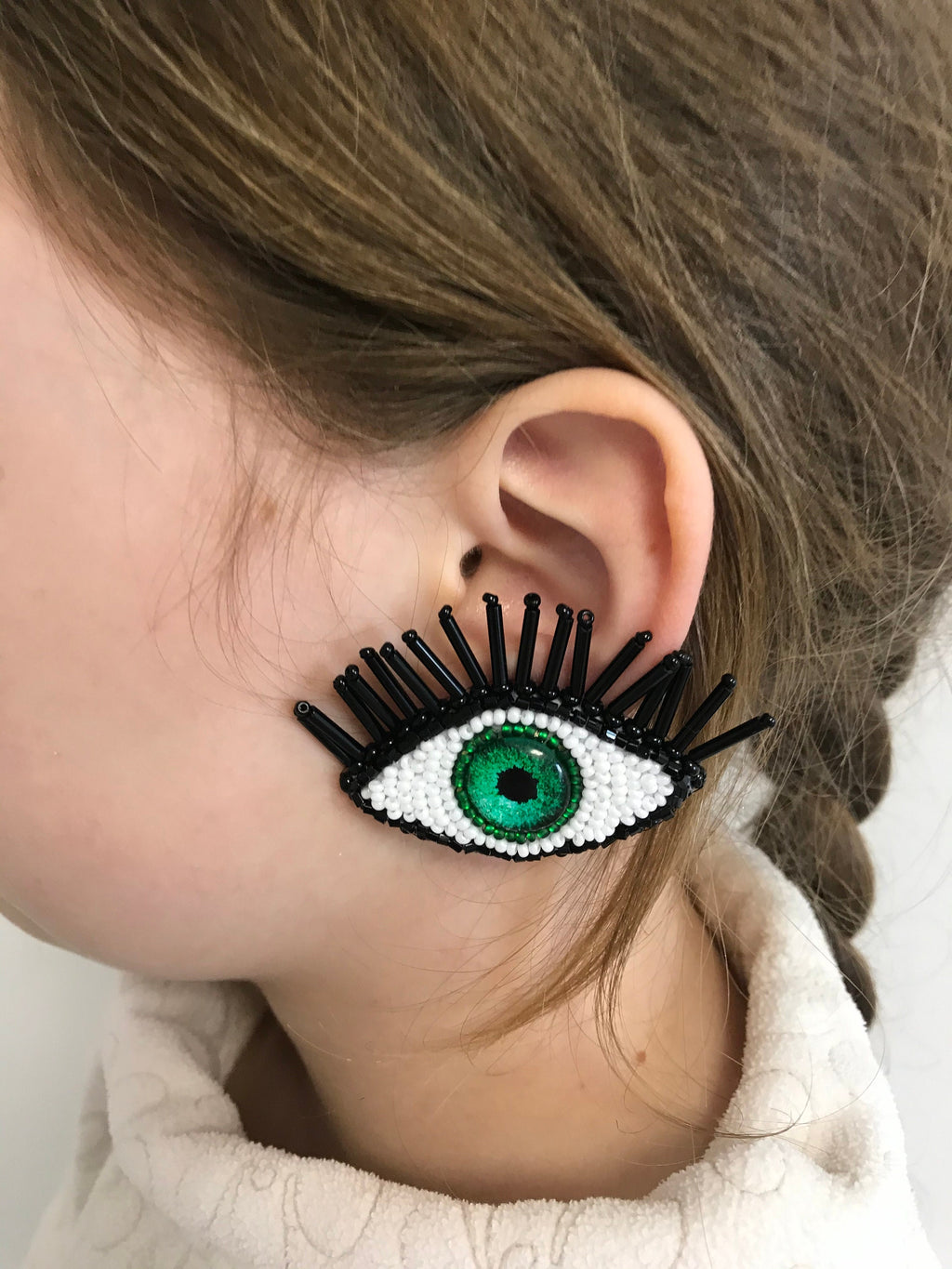 Halloween party Evil eye earrings, Blue green large evil eye earrings clip-on, beaded earrings, Tasseled eye drop protection earrings