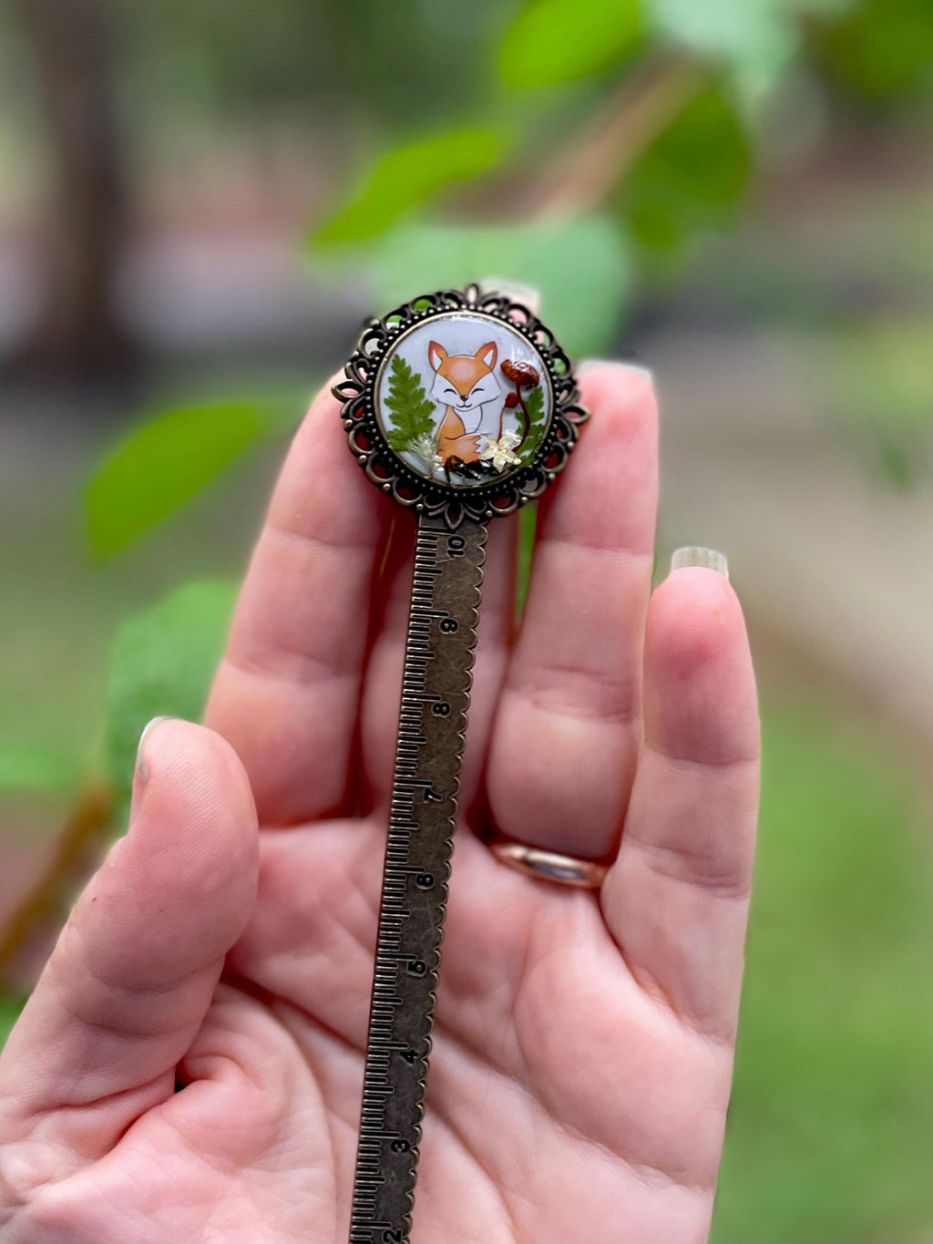 Bronze Metal Fox Bookmark with real Mushrooms Fern and Pressed Flowers - Woodland Style Bookish Gift