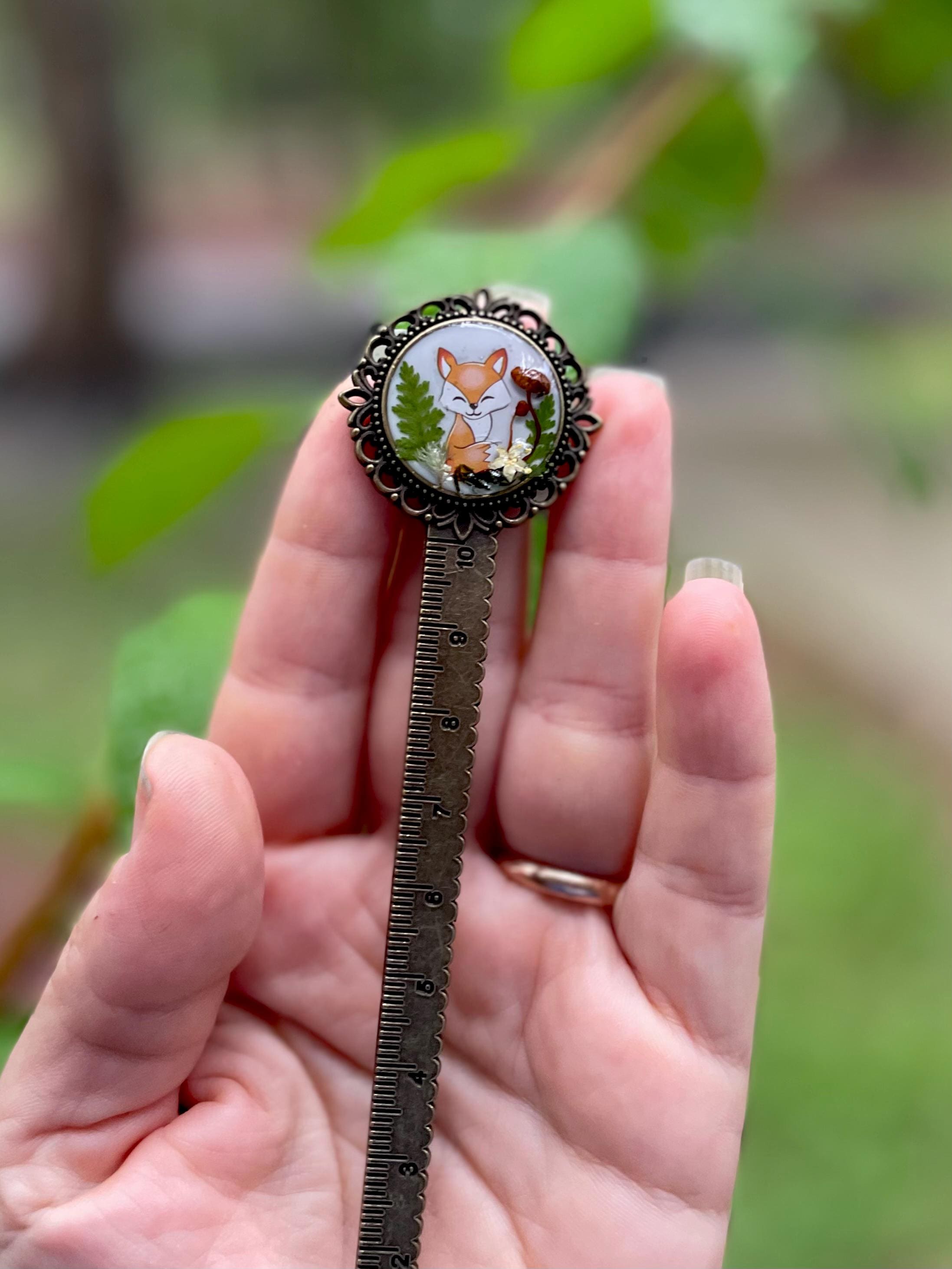 Bronze Metal Fox Bookmark with real Mushrooms Fern and Pressed Flowers - Woodland Style Bookish Gift