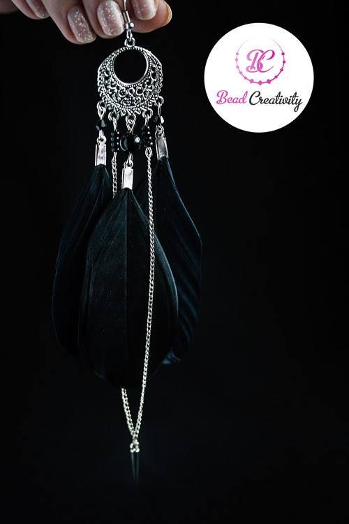 Gothic Black Feather Dangle Earrings: Chain & Spike, Halloween Jewelry