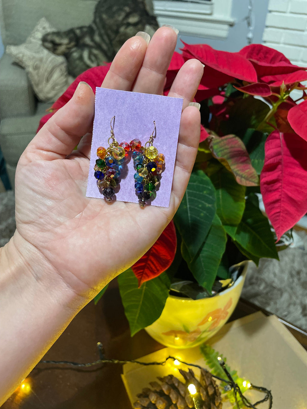 Handmade Rainbow Crystal Cluster Earrings: Colorful Dangle Jewelry