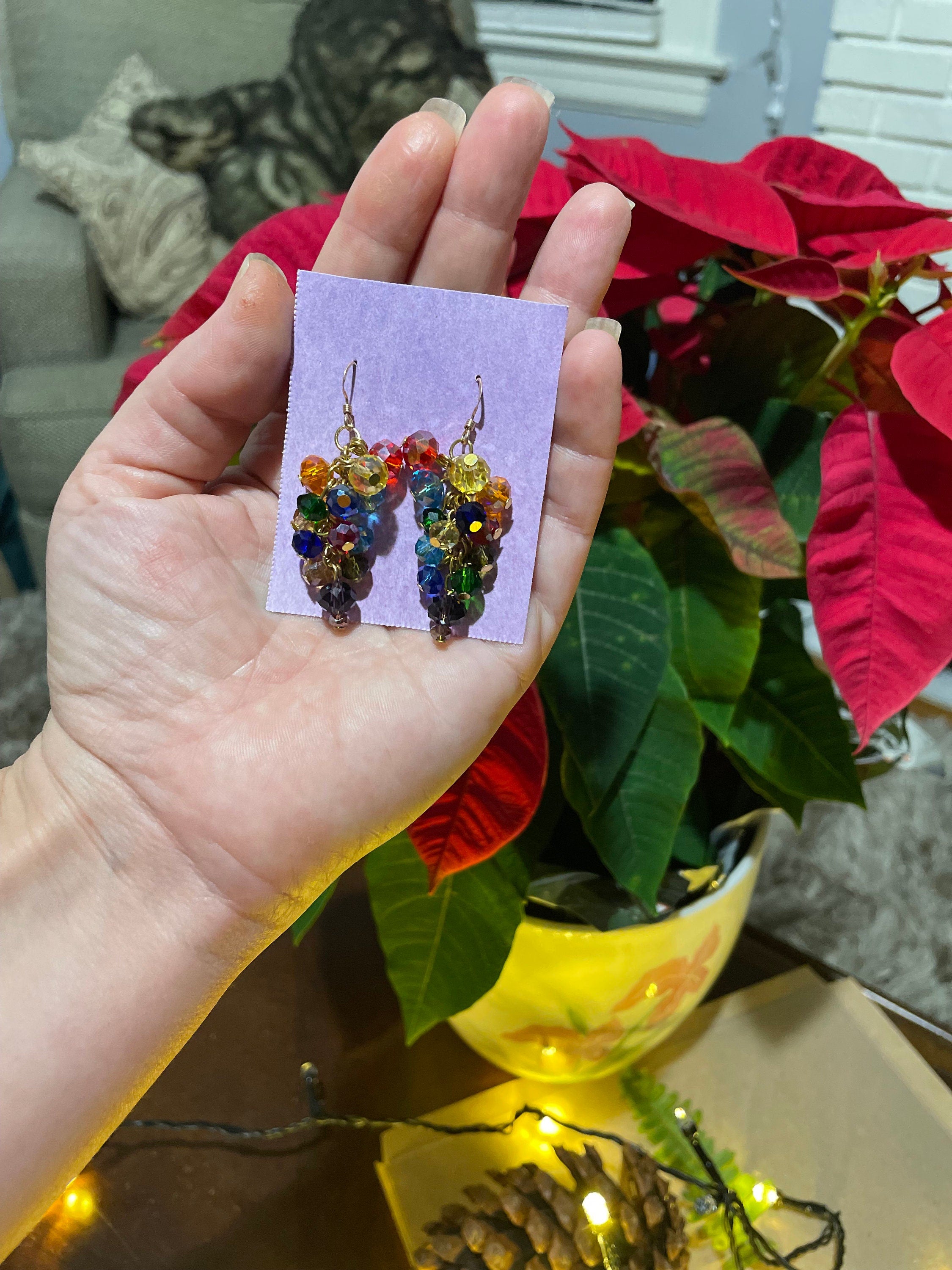 Handmade Rainbow Crystal Cluster Earrings: Colorful Dangle Jewelry