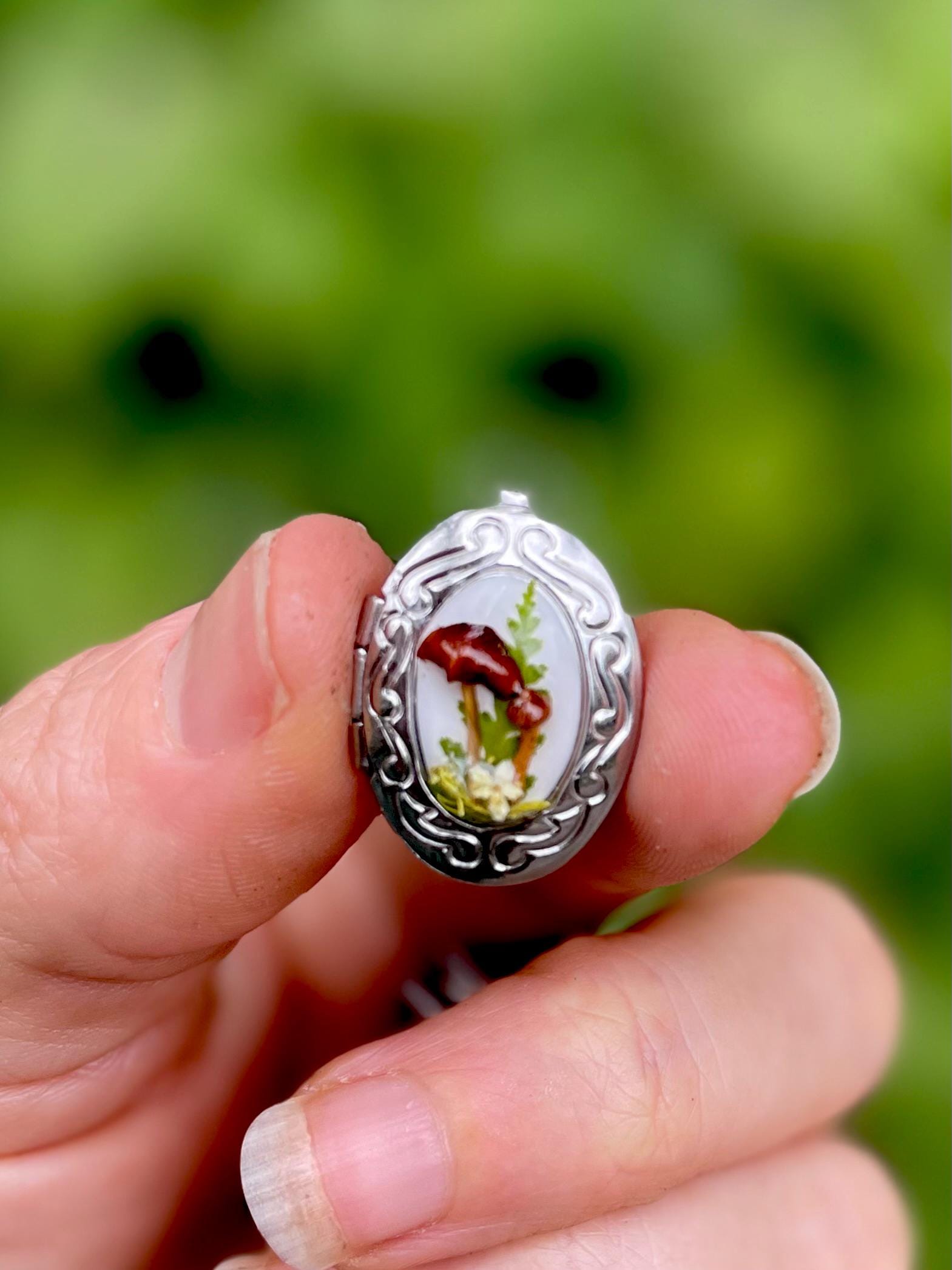 Mushroom Book Silver Locket Necklace with Photo: Custom Lock of Hair Memorial Keepsake Jewelry