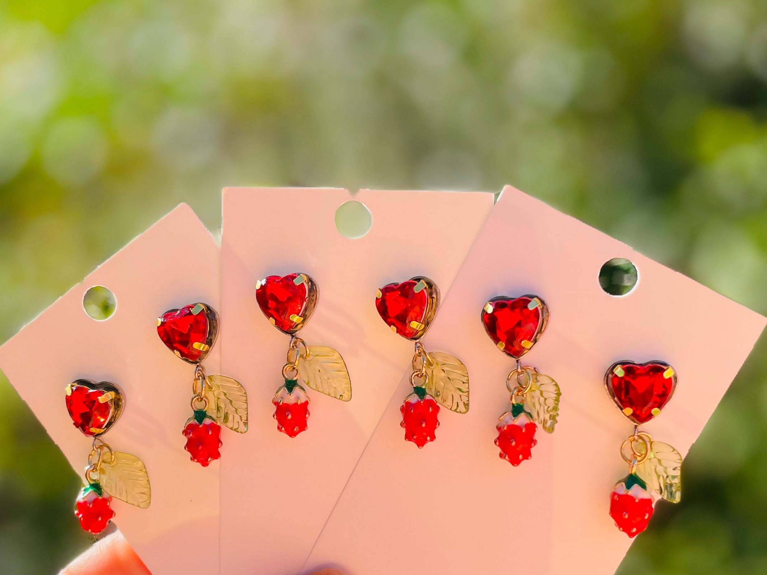 Strawberry Heart Dangle Earrings: Enamel Berry Handmade Jewelry