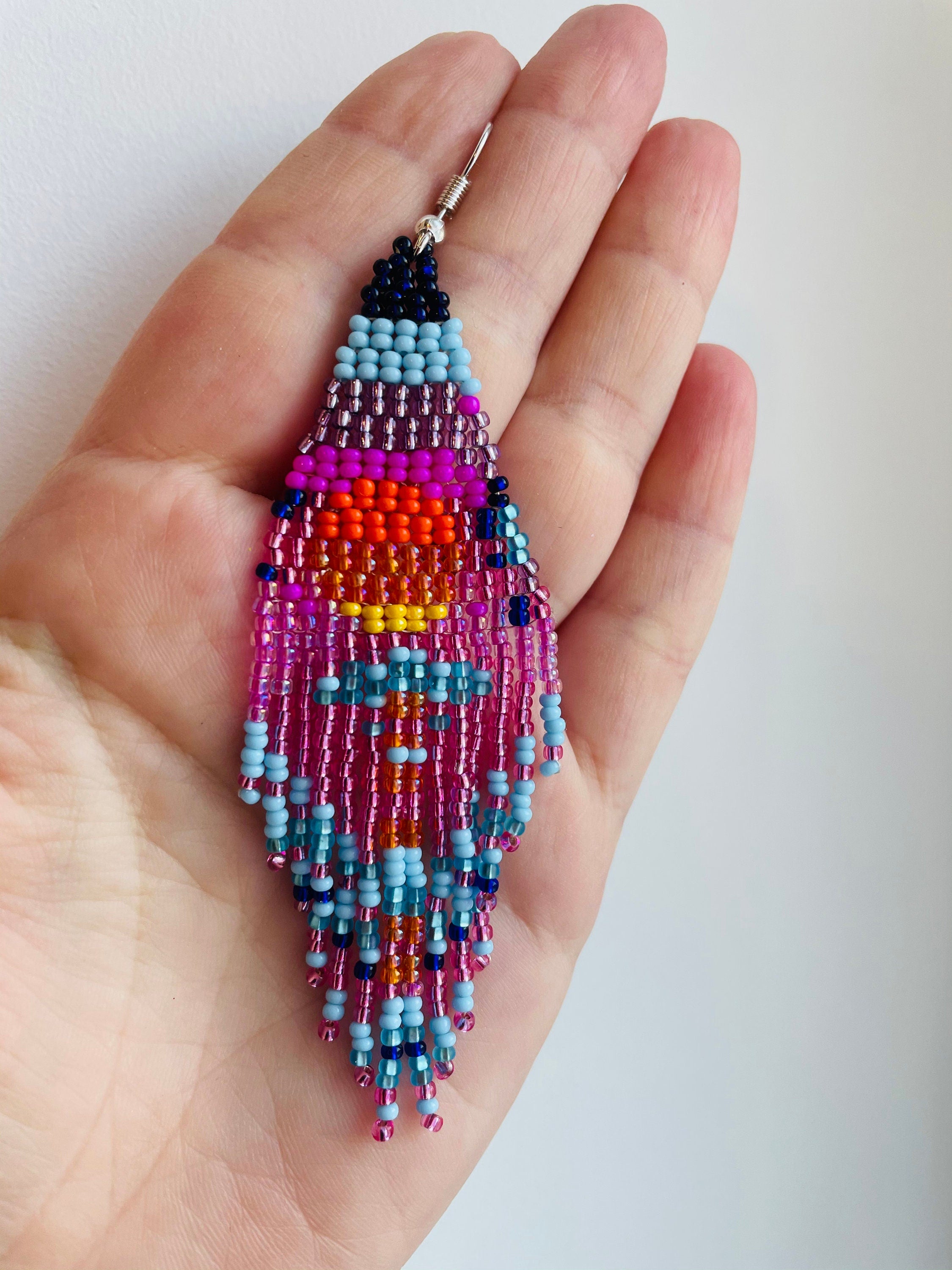 Pink Sunset long fringe Earrings dangle chandelier Seed bead earrings Artistic Beadwork earrings Seed bead Boho earring Sky Landscape Sea