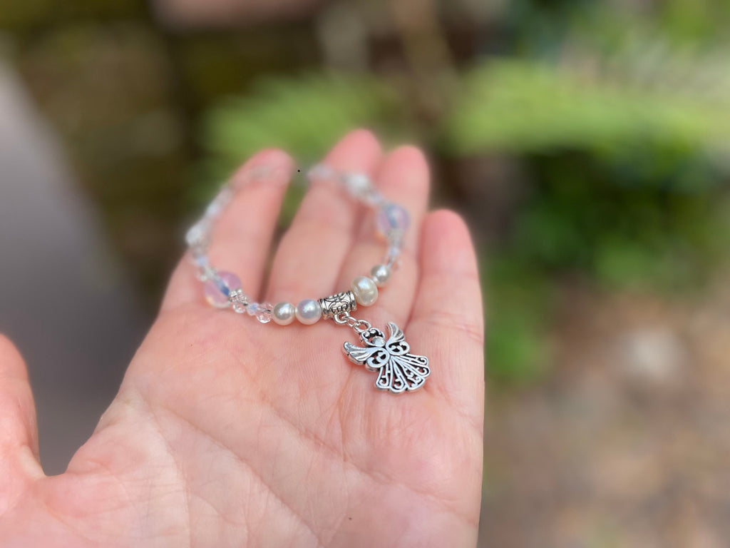 Angel Pearl Bracelet: Opal, Crystal, First Communion Gift