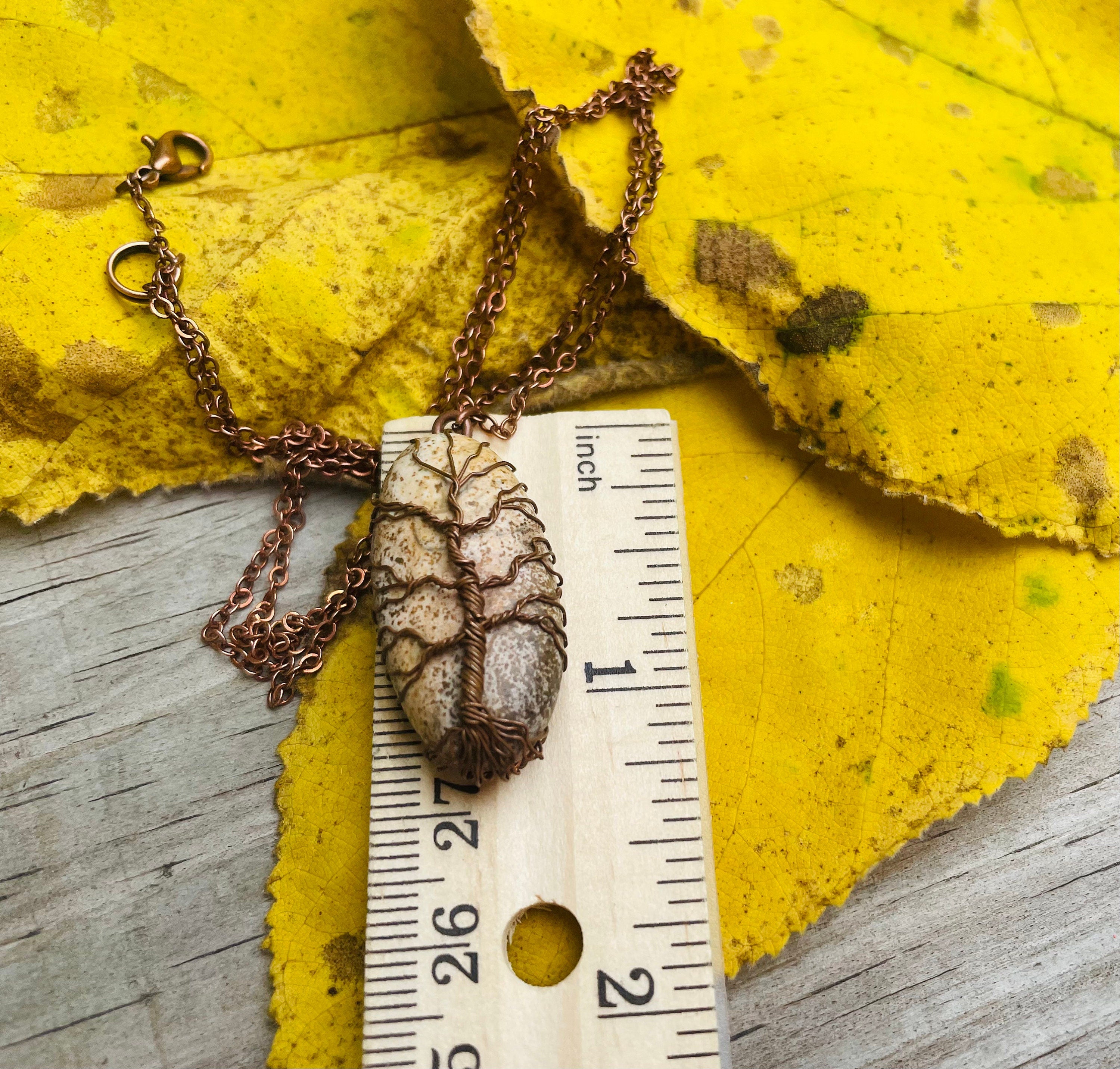 Dainty Copper Wire Wrapped Tree of Life Pendant Oval - Unique Picture Jasper Necklace for Men & Women