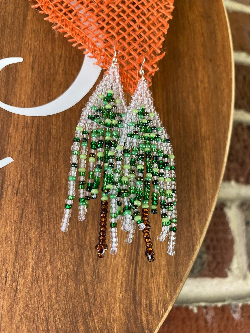 Christmas earrings dangle, Abstract Beaded Fringe earrings, Christmas tree seed bead earrings Green transparent Long earrings Boho Handmade
