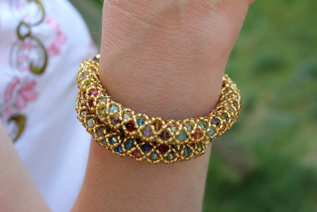 Bracelet. Mothers day gift for wife girlfriend. Gold beaded bracelet with rainbow crystals, handmade jewelry multicolored statement jewelry