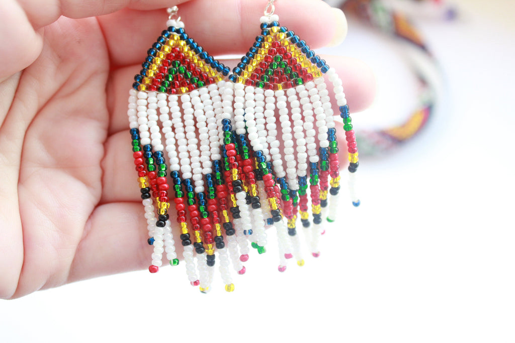 Dangle earrings Rainbow seed bead tassel earrings, beaded earrings, Long fringe Beaded Gypsy colorful dangles, native American jewelry women