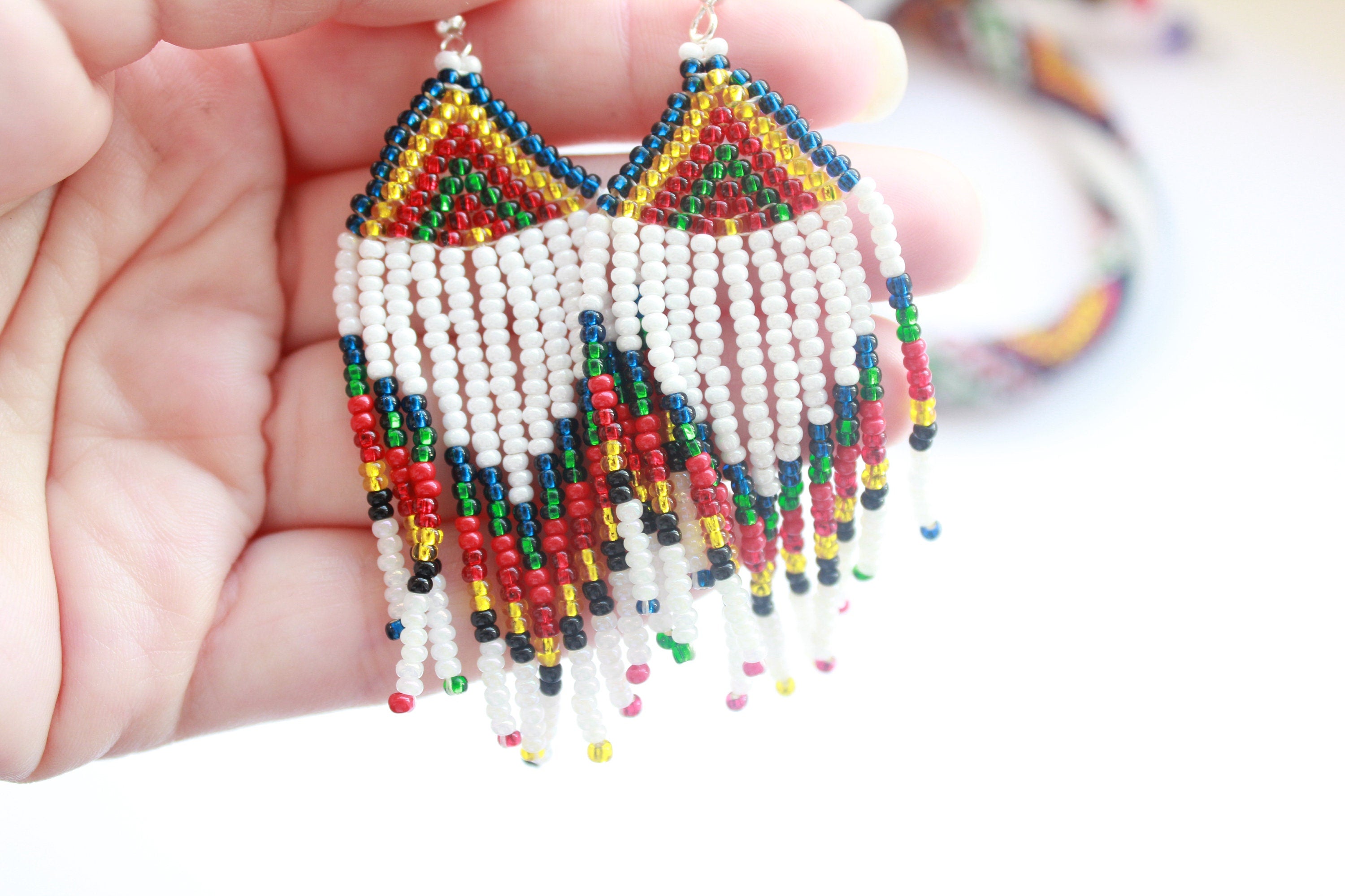 Dangle earrings Rainbow seed bead tassel earrings, beaded earrings, Long fringe Beaded Gypsy colorful dangles, native American jewelry women