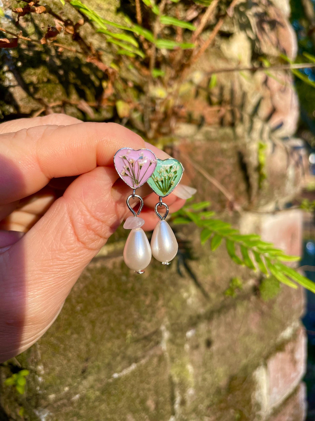 Heart Cameo Earrings: Queen Anne's Lace, Resin & Pearl Dangle