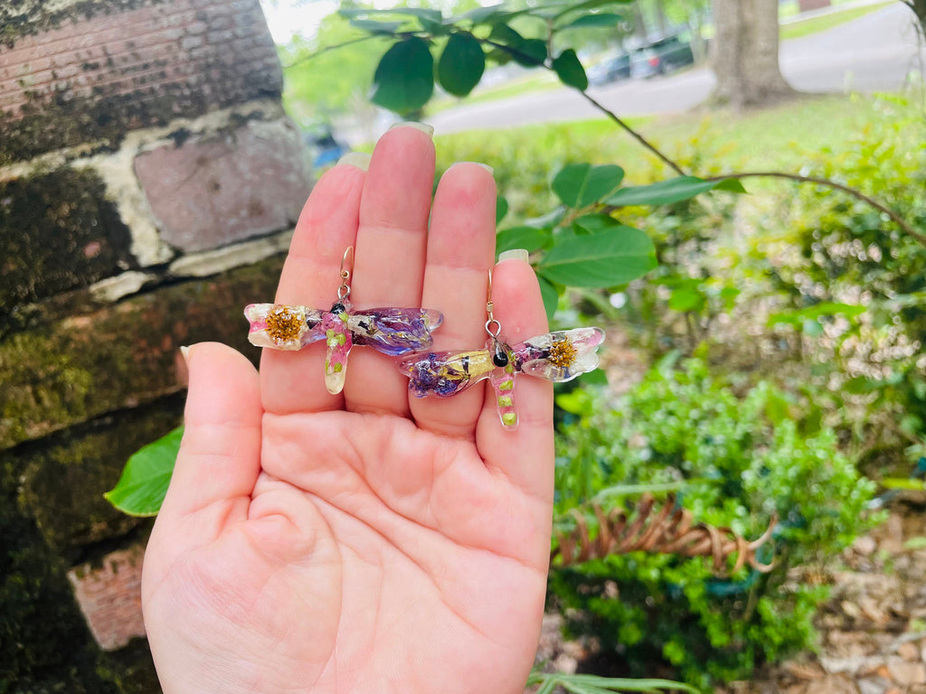 Dragonfly Earrings: Custom Birth Month Flower Pressed Resin Jewelry