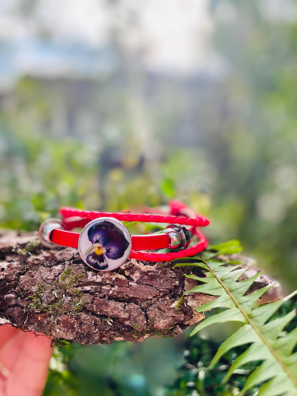 Red Leather 3 Wrap Bracelet: Pansy Violet February Birth Flower, Beaded Boho Jewelry