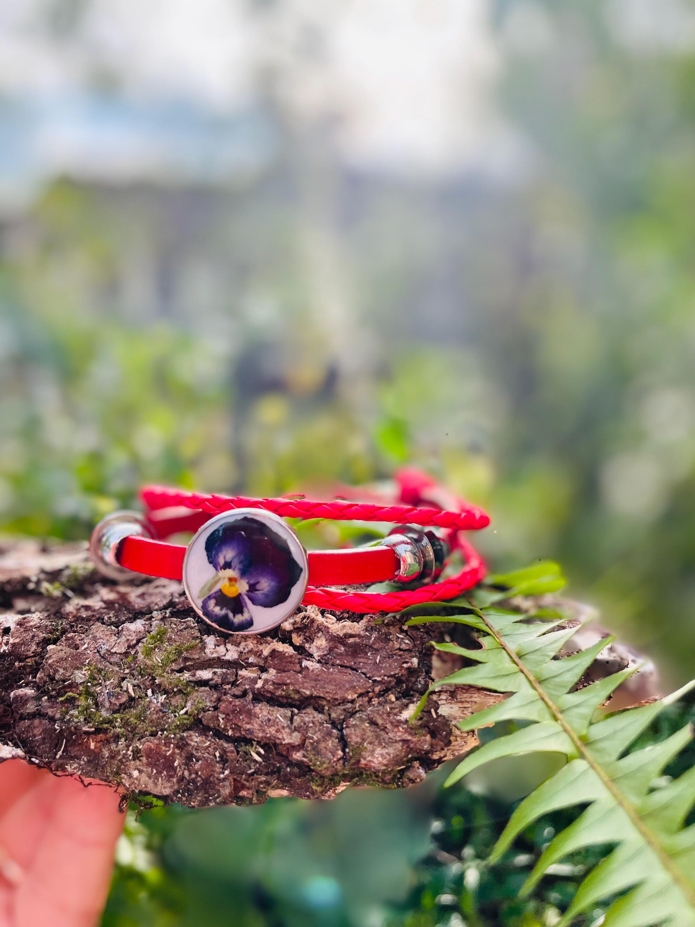 Red Leather 3 Wrap Bracelet: Pansy Violet February Birth Flower, Beaded Boho Jewelry