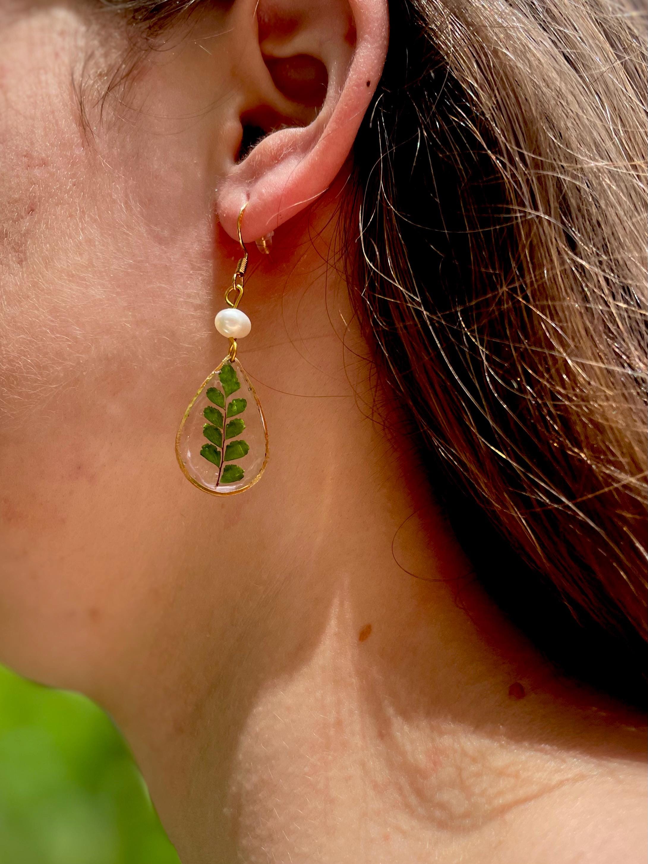Gold bow Earrings Stud with Christmas Tree Branch, Green Real Plant  Botanical Earrings Dangle