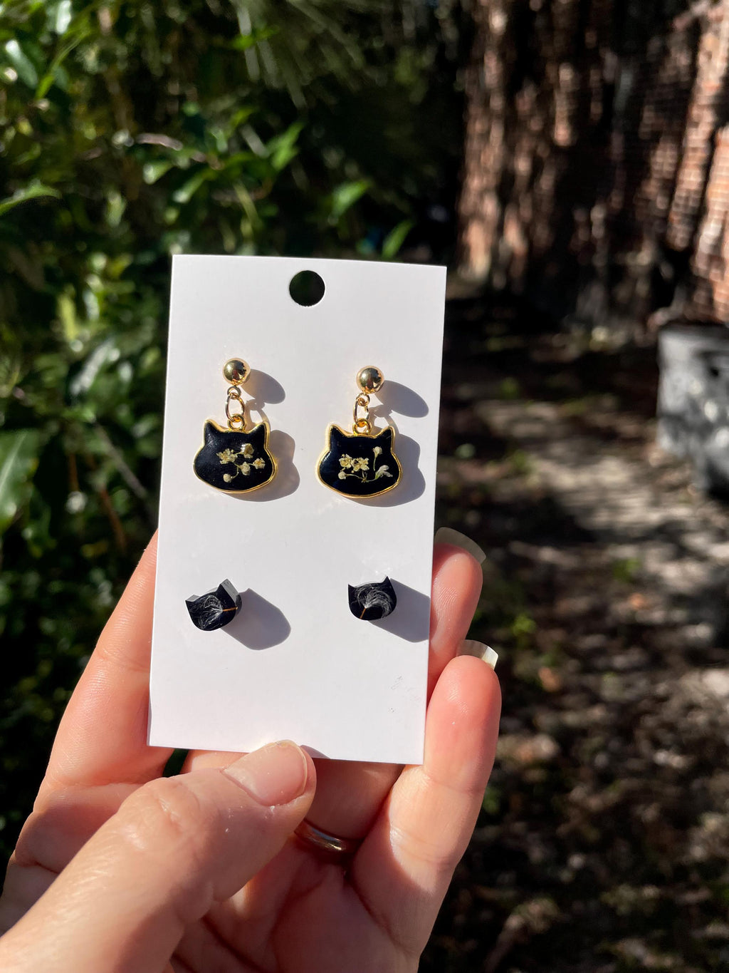 Black Cat Earrings Set: Dandelion Seed, Gothic Animal Jewelry