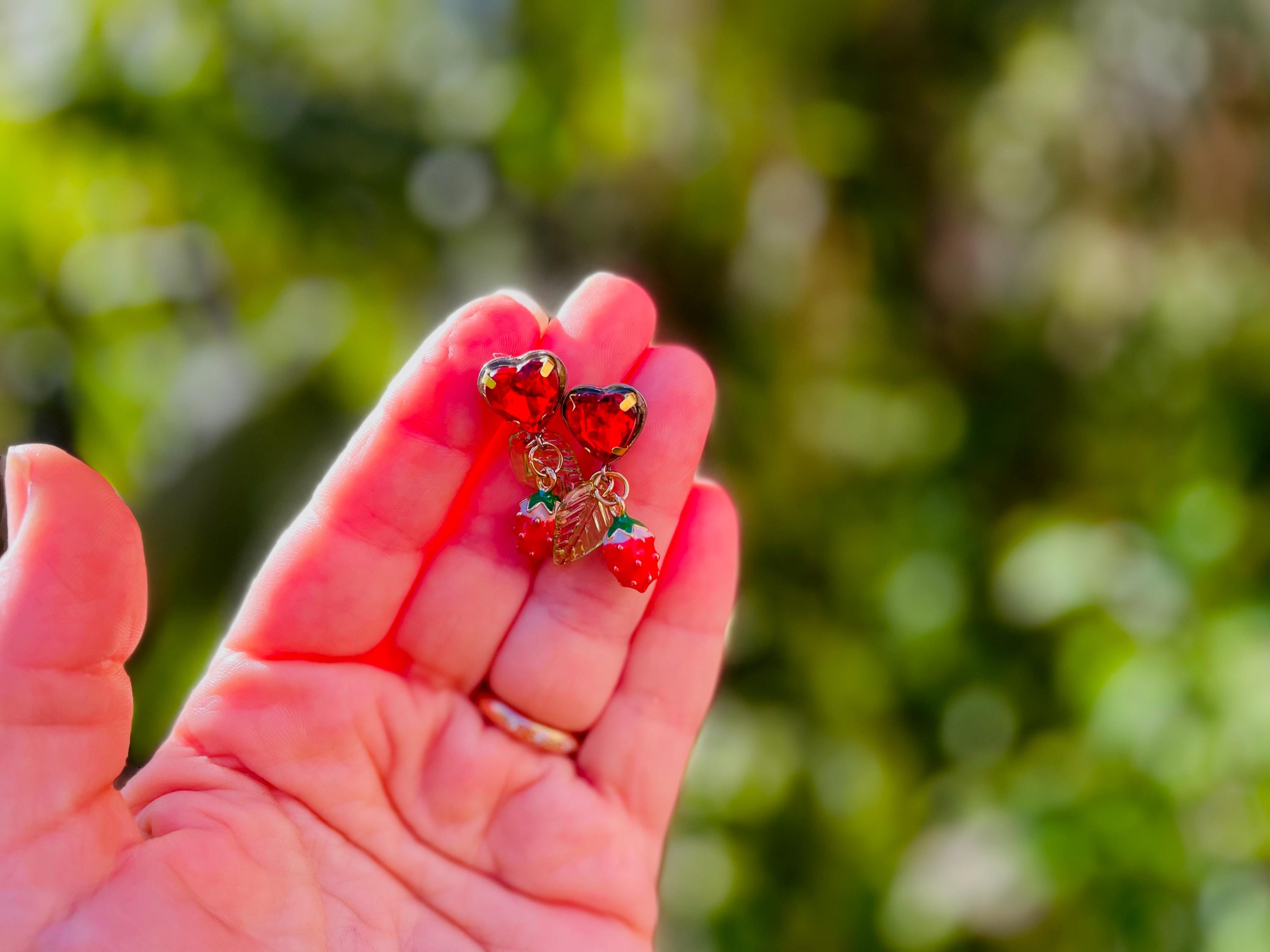 Strawberry Heart Dangle Earrings: Enamel Berry Handmade Jewelry