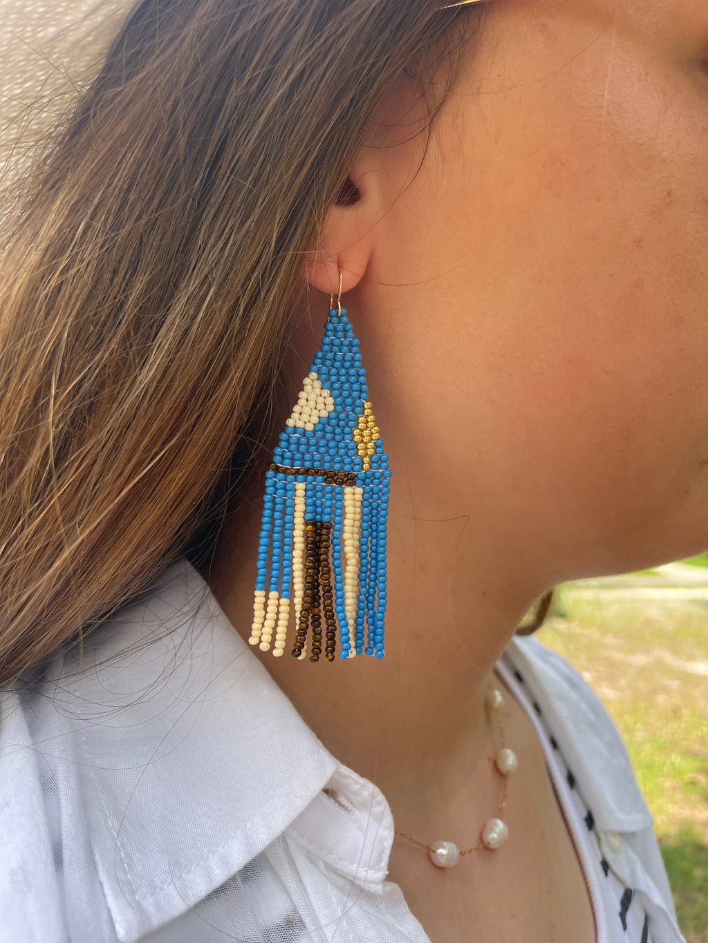 Gold Filled 14K Turquoise beaded earrings, Long earrings, Fringe earrings Native American Seed bead earrings, Abstract Chandelier earrings