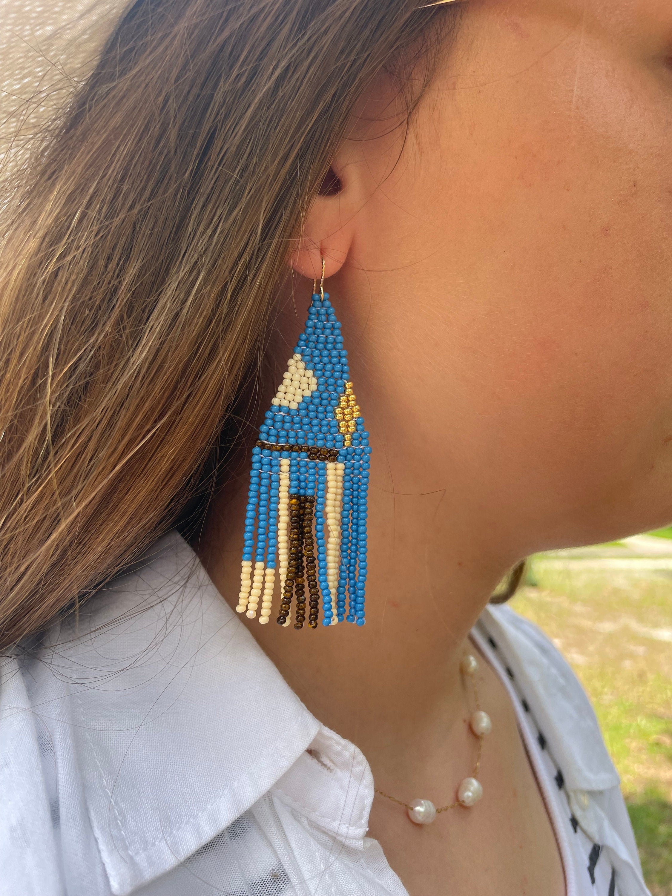 Gold Filled 14K Turquoise beaded earrings, Long earrings, Fringe earrings Native American Seed bead earrings, Abstract Chandelier earrings
