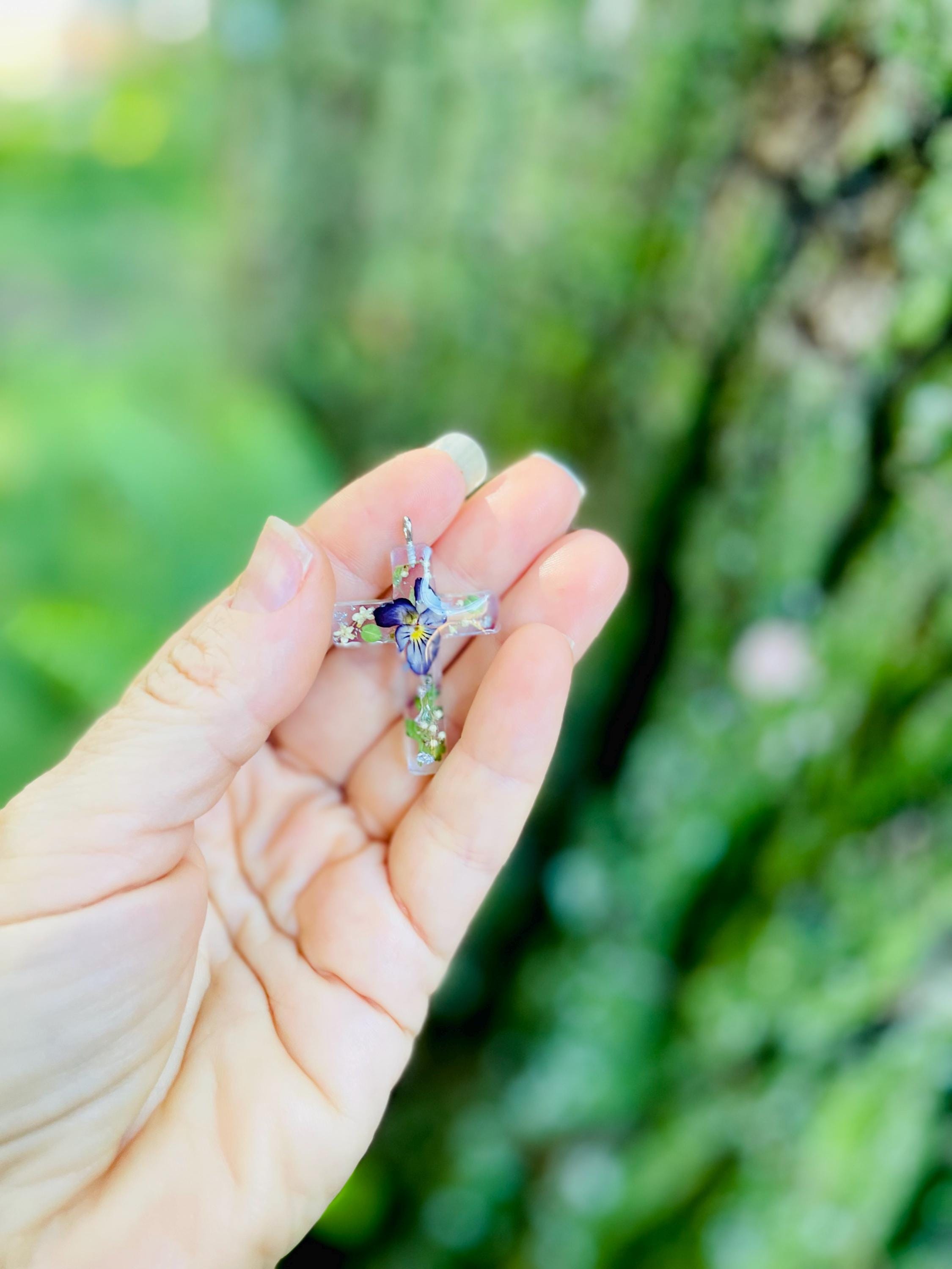 Handmade Custom Birth Flower Necklace: Real Rose Sunflower Resin Cross Pendant