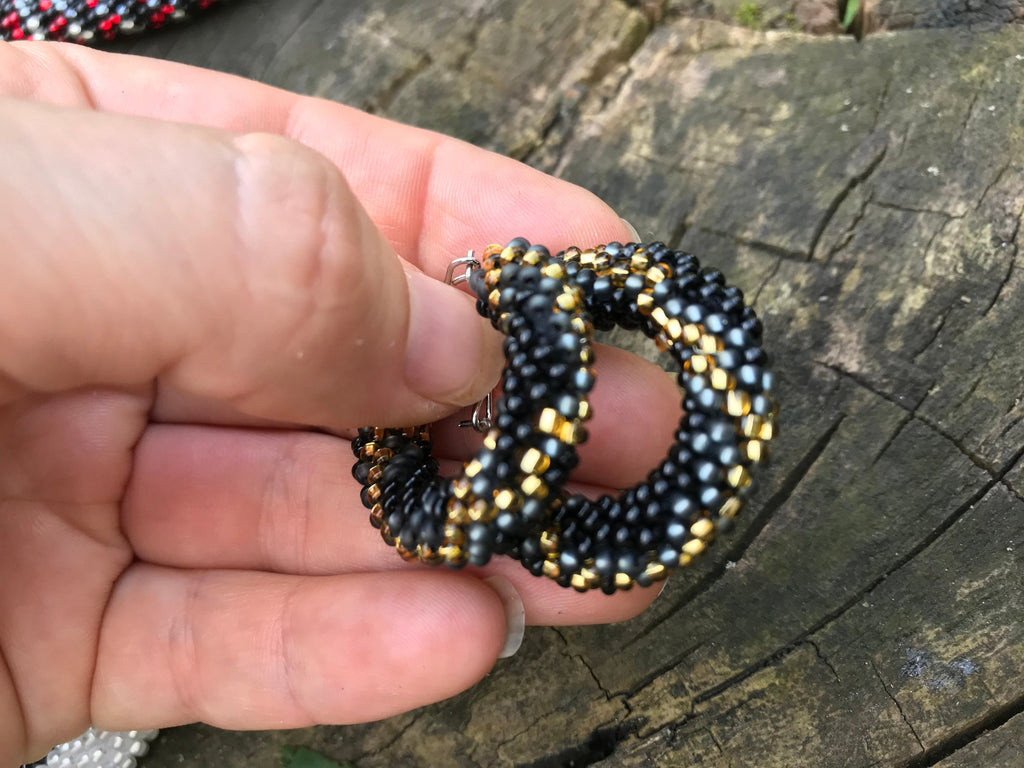 Halloween Snake earrings, black hoop earrings beaded, tribal earrings witch jewelry, modern earrings women, gothic crochet earrings handmade