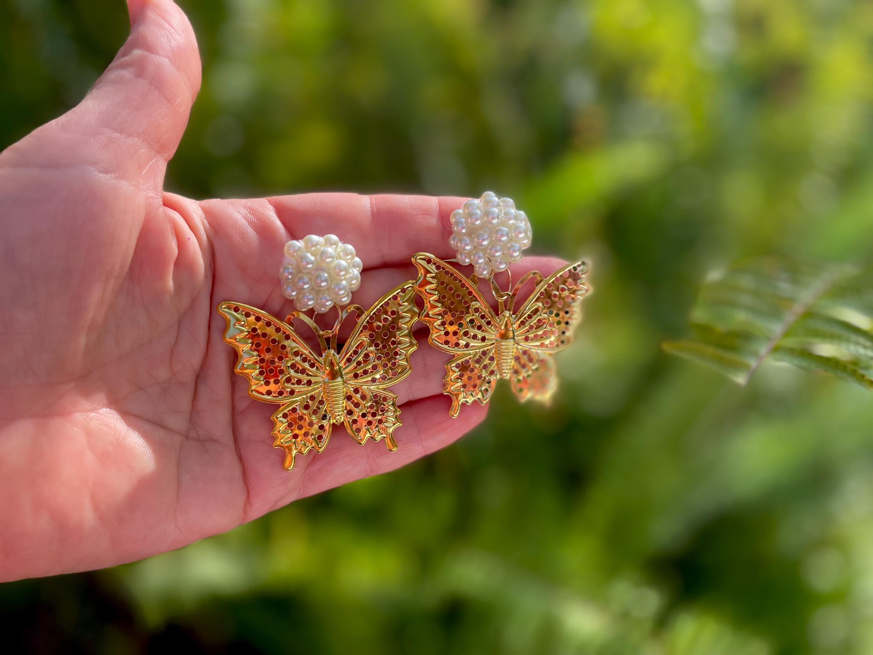 14k Gold Butterfly Clip On Earrings: Pearl Filigree Dangle