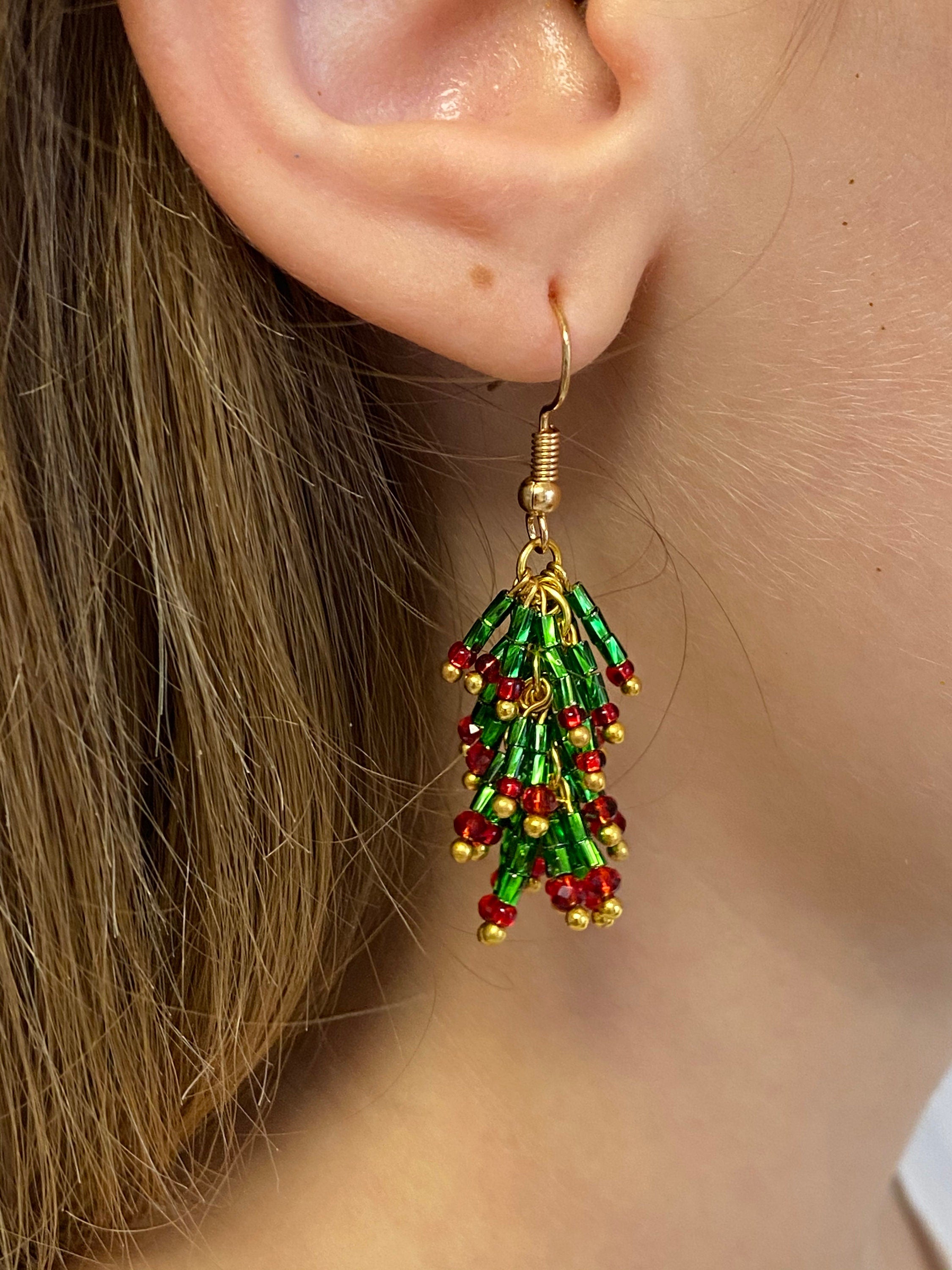 Pearl Christmas Earrings Beaded: White Silver Winter Holiday Tree Dangles for Women