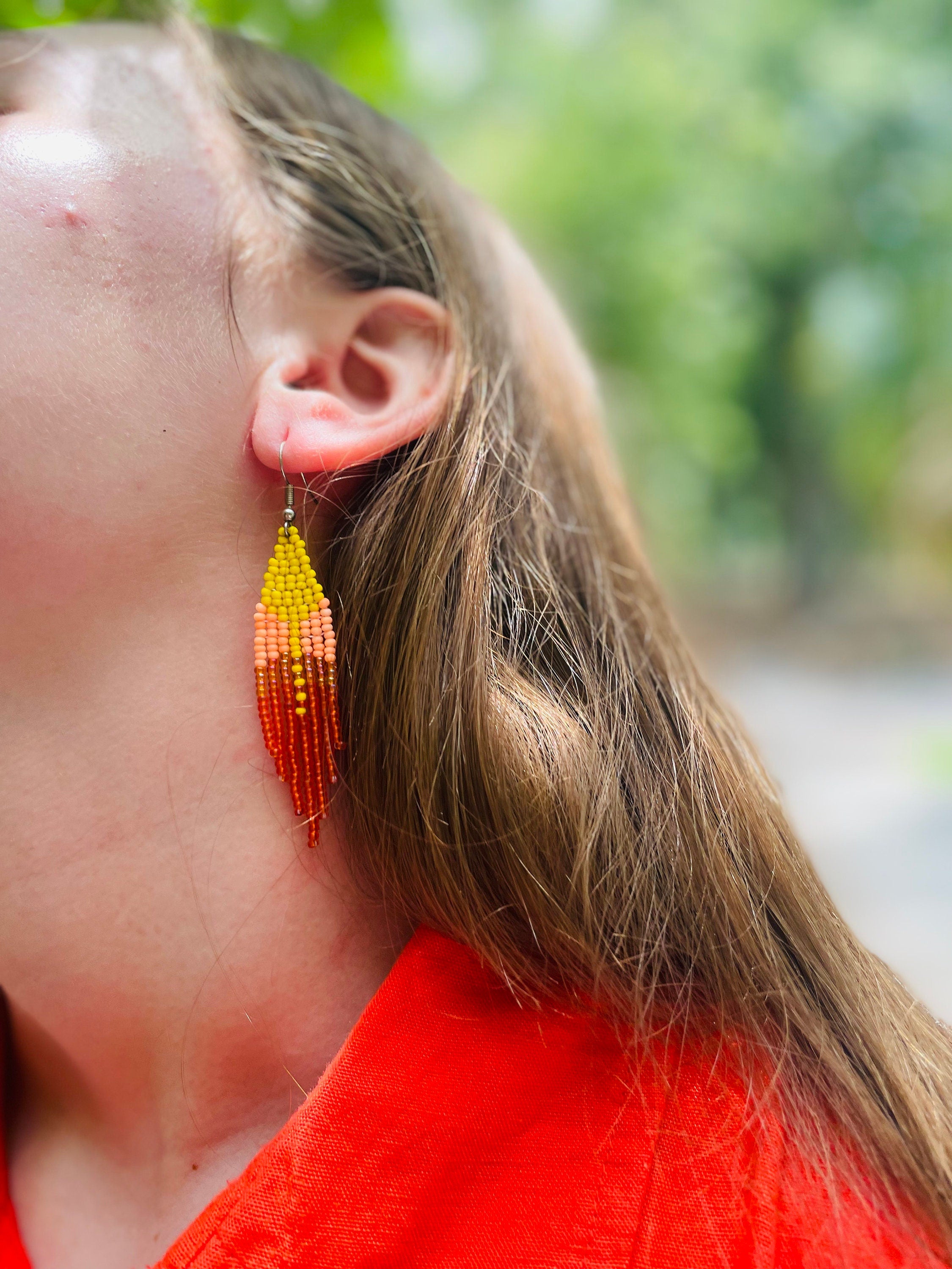 Handmade Ombre Seed Bead Fringe Earrings: Boho Dangle Jewelry