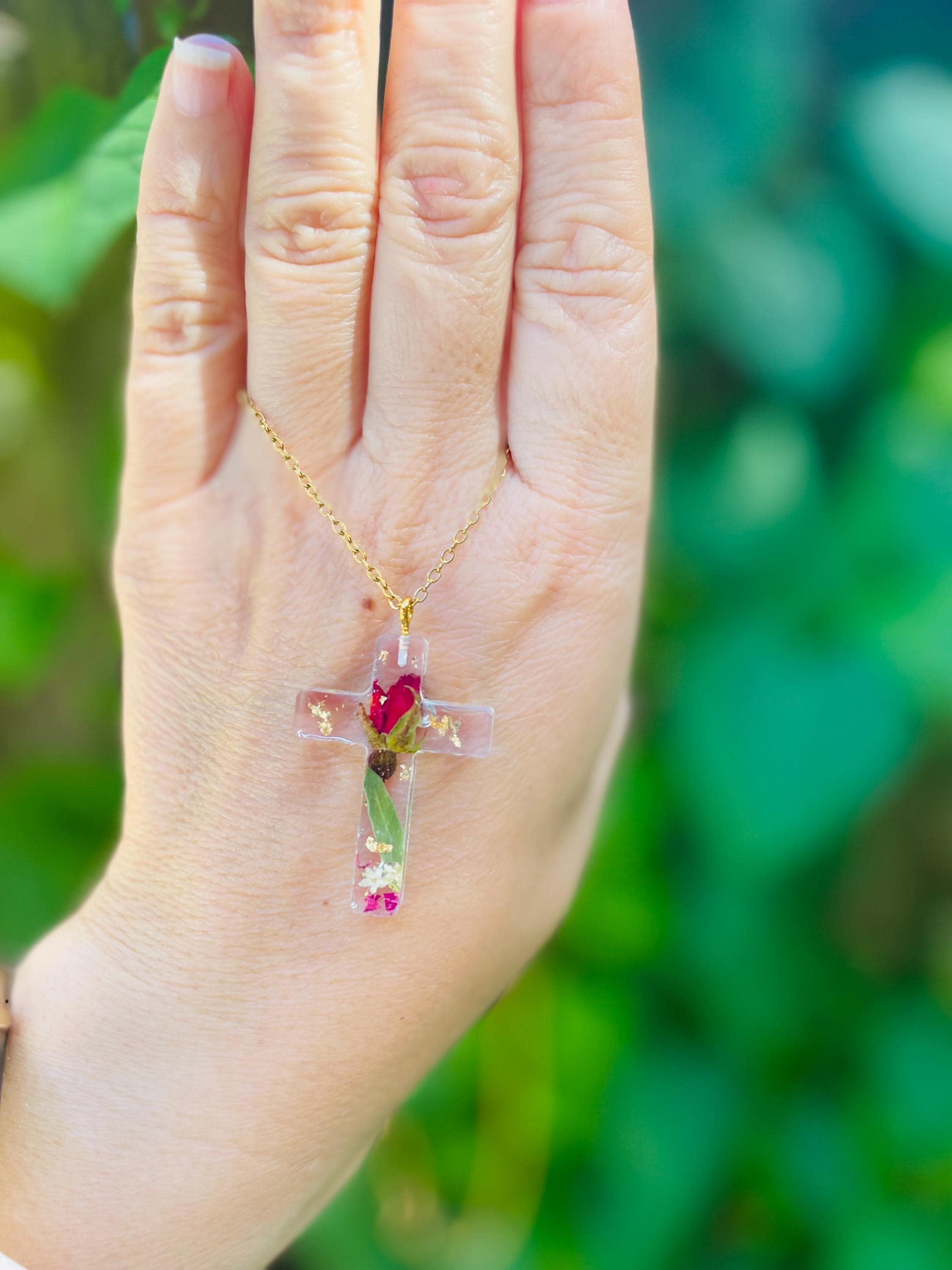 Handmade Custom Birth Flower Necklace: Real Rose Sunflower Resin Cross Pendant