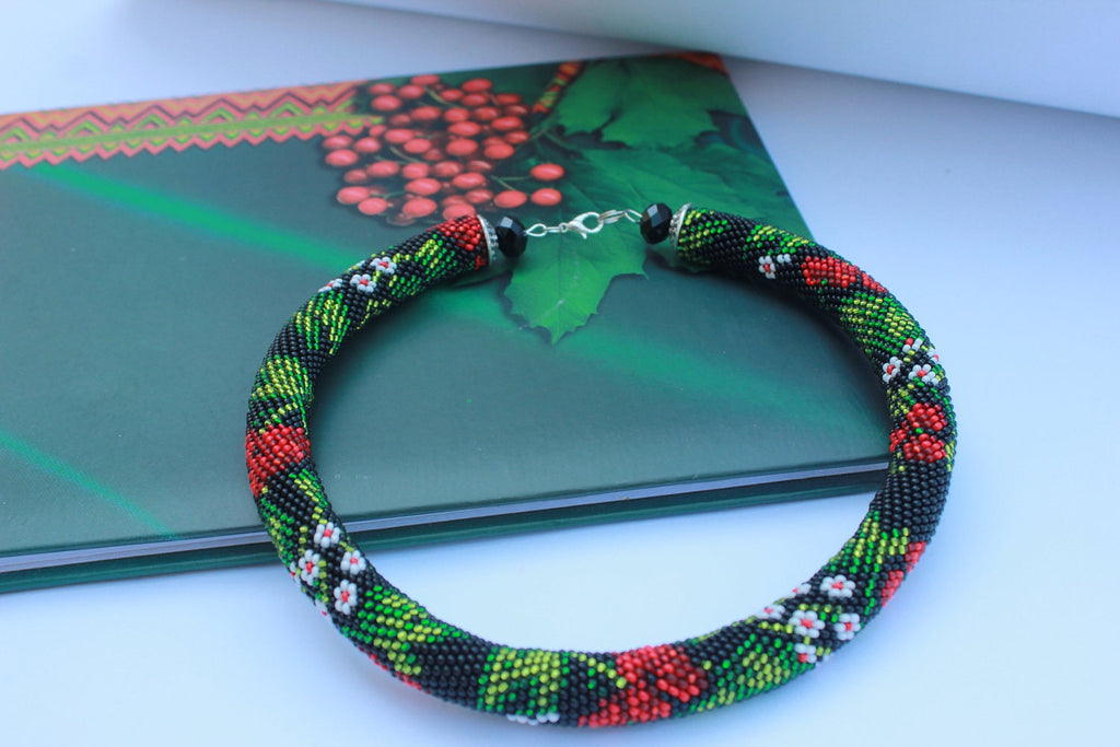 Beaded Crochet Choker: Floral Boho Statement Necklace, Handmade