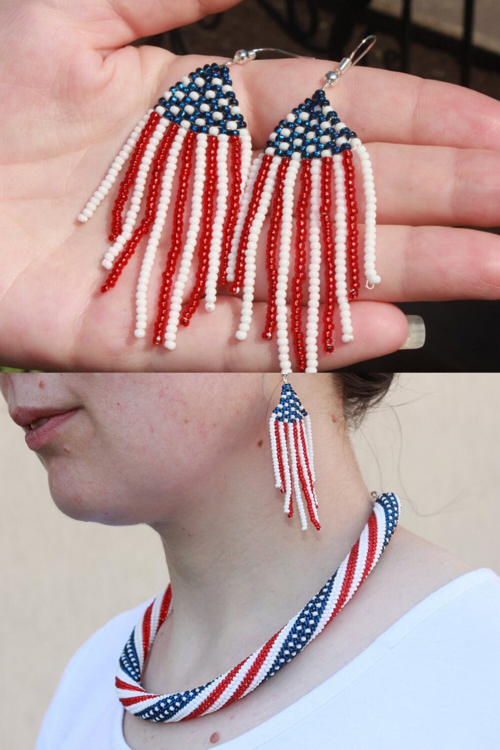 4th july earrings patriotic jewelry for women usa jewelry patriotic seed bead earrings Labor Day gift idea teacher fourth of july earrings