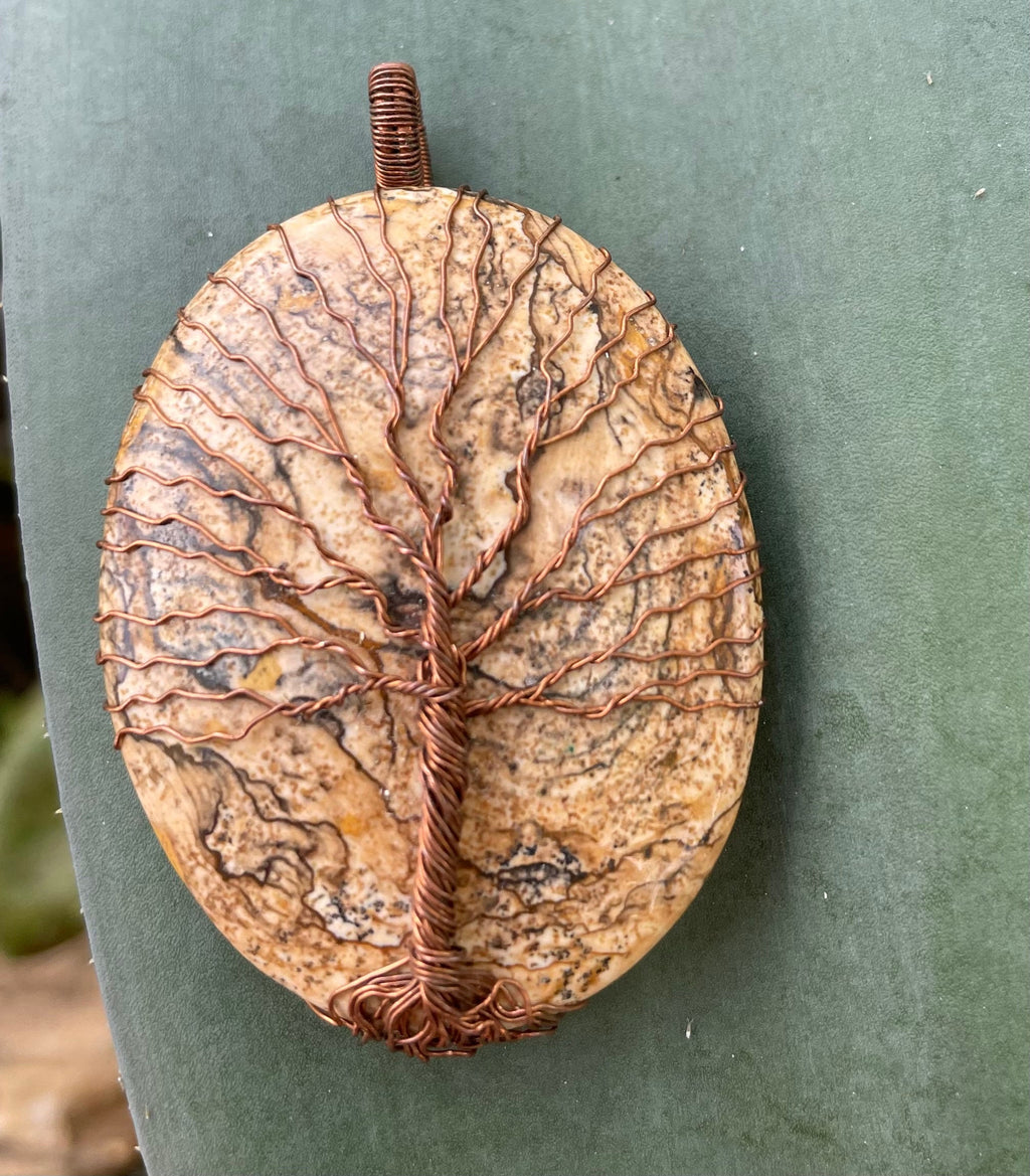 Copper Wire Wrapped Oval Picture Jasper Tree of Life Pendant - Unique Mens Chain Pendant Necklace