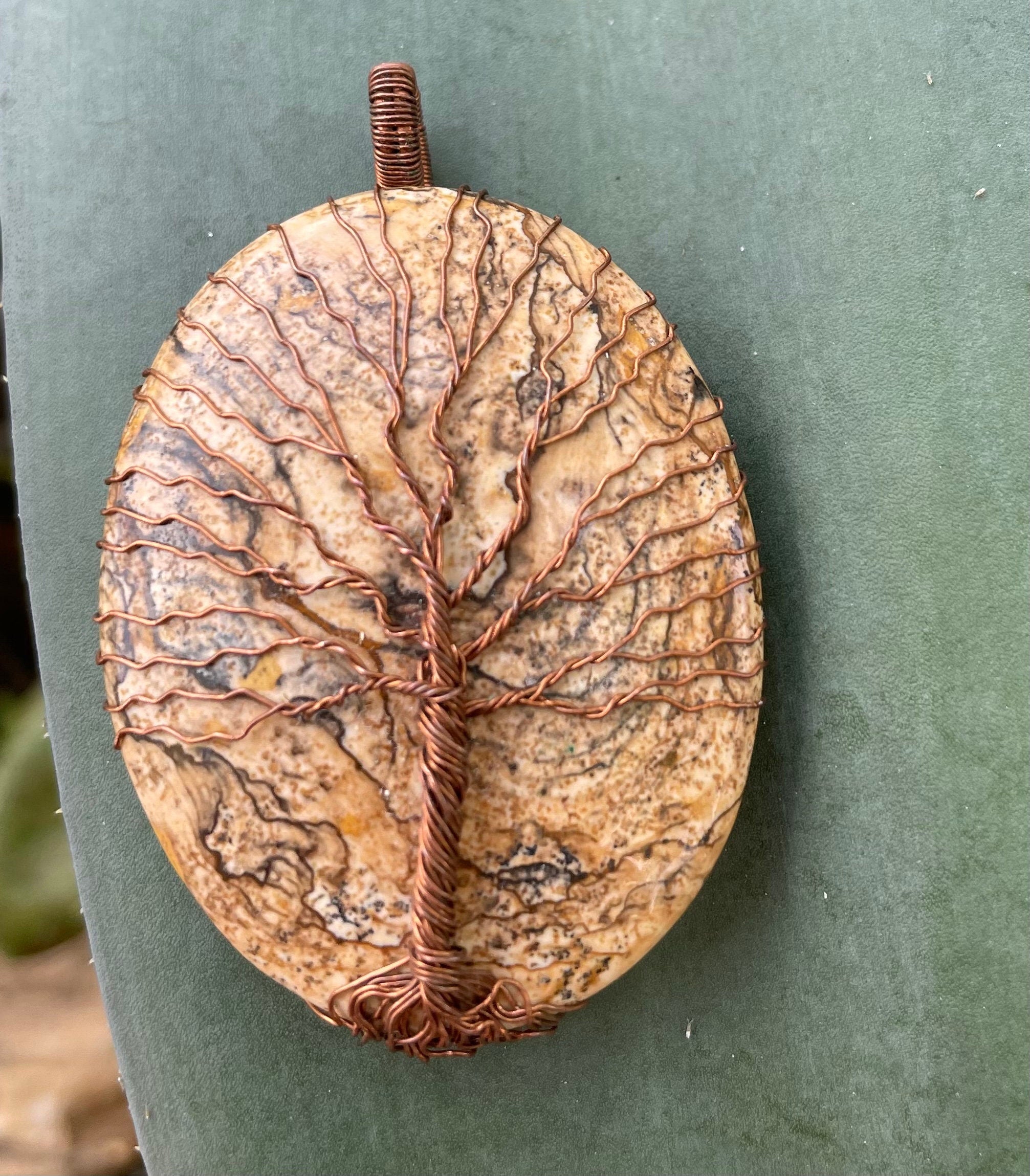 Copper Wire Wrapped Oval Picture Jasper Tree of Life Pendant - Unique Mens Chain Pendant Necklace