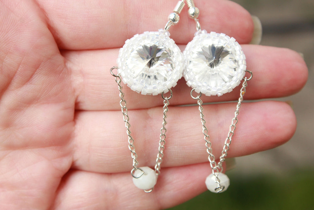 swarovski dangle earrings, Silver chain drop earrings gift for her women, Long chandelier bridal earrings, Formal earrings, wedding earrings