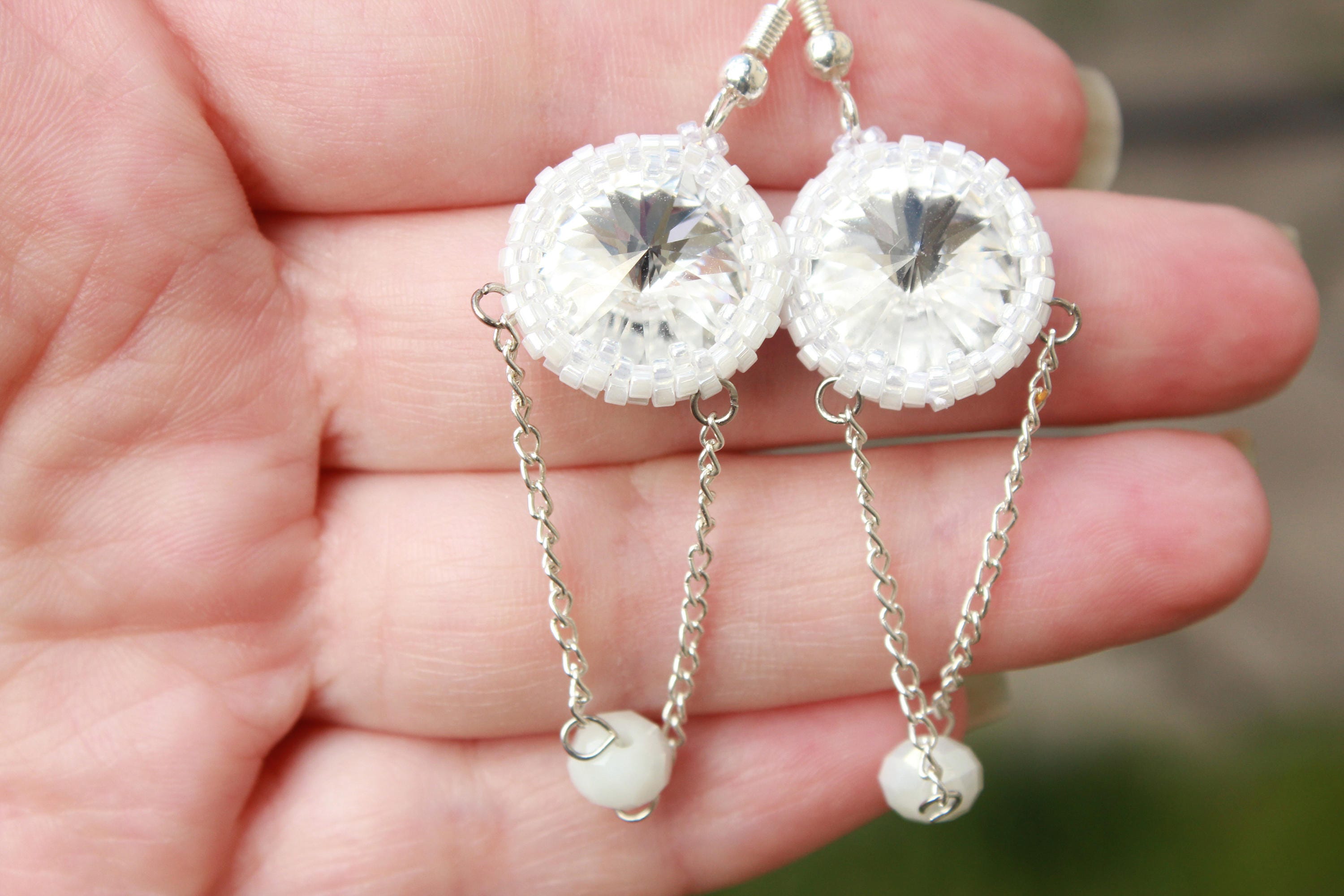 swarovski dangle earrings, Silver chain drop earrings gift for her women, Long chandelier bridal earrings, Formal earrings, wedding earrings
