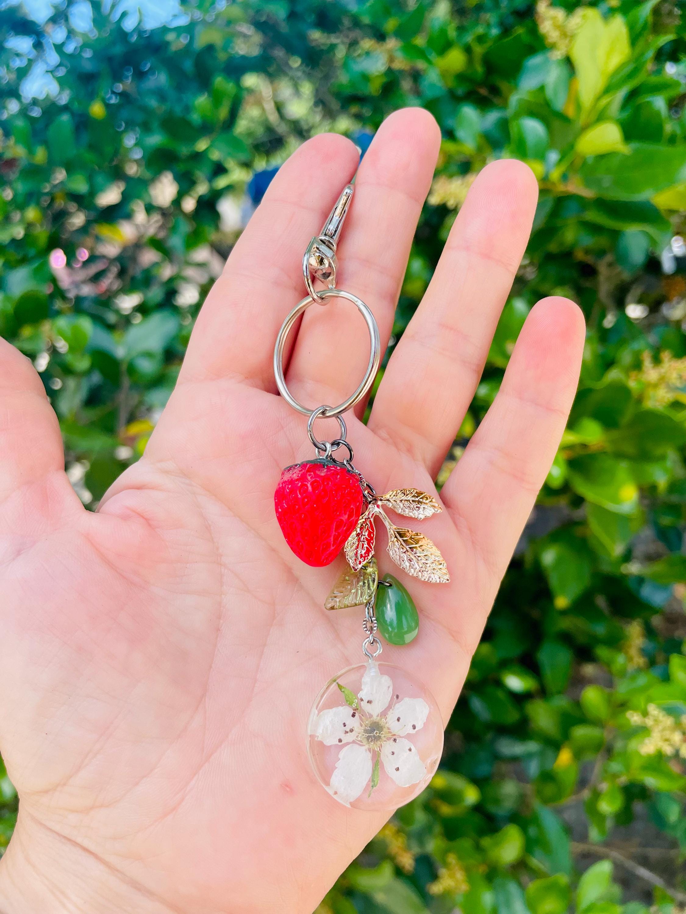 Strawberry Blossom Keychain: Aventurine Gemstone Beaded Bag Charm
