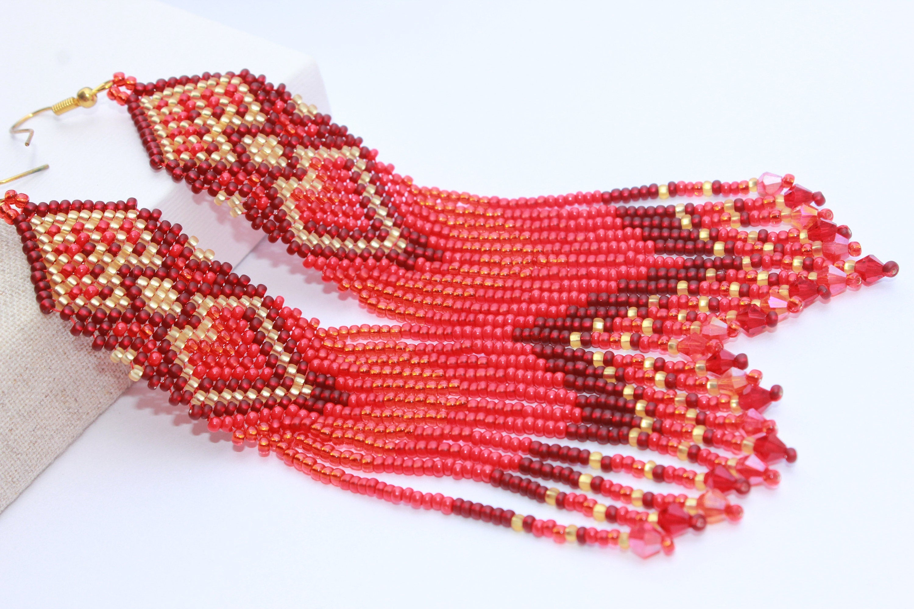 Heart earrings for women, Red gold Seed bead earrings, best friend gift, red Beaded earrings long, Native American style, Statement earrings