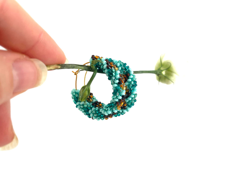 Beaded hoop earrings for her Turquoise emerald green brown hoop earrings 1.2inch native Americans seed bead earrings Beadwork jewelry Ethnic