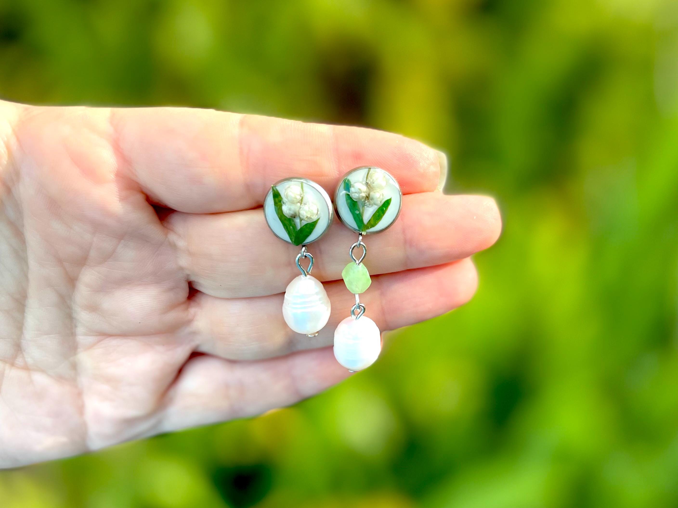 Lily of the Valley Pearl Dangle Earrings: Real Flower Resin Jewelry May Birth Flower Studs