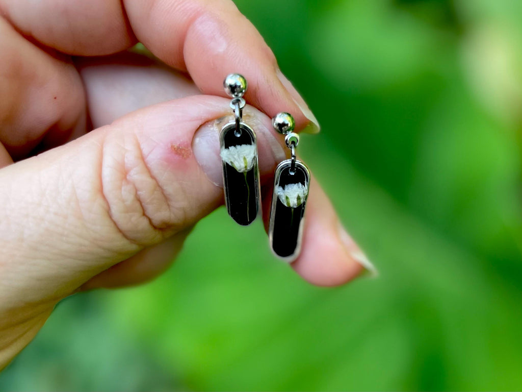 Black Floral Earrings Post: Baby Breath Pressed Flower Jewelry Minimalist Resin