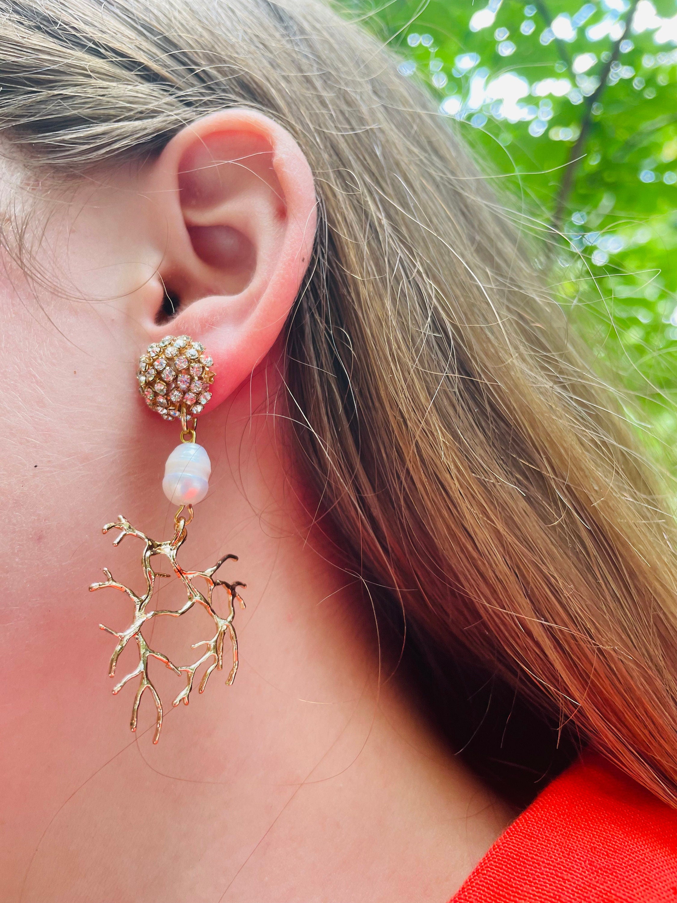 Gold Coral Branch Chandelier Earrings: Baroque Pearl Rhinestone Clip-Ons