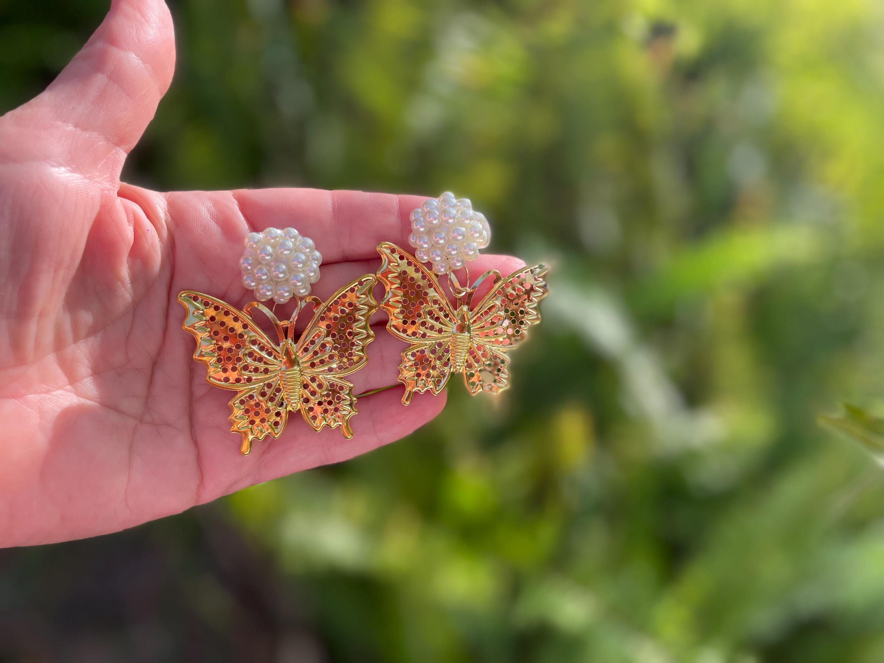 14k Gold Butterfly Clip On Earrings: Pearl Filigree Dangle