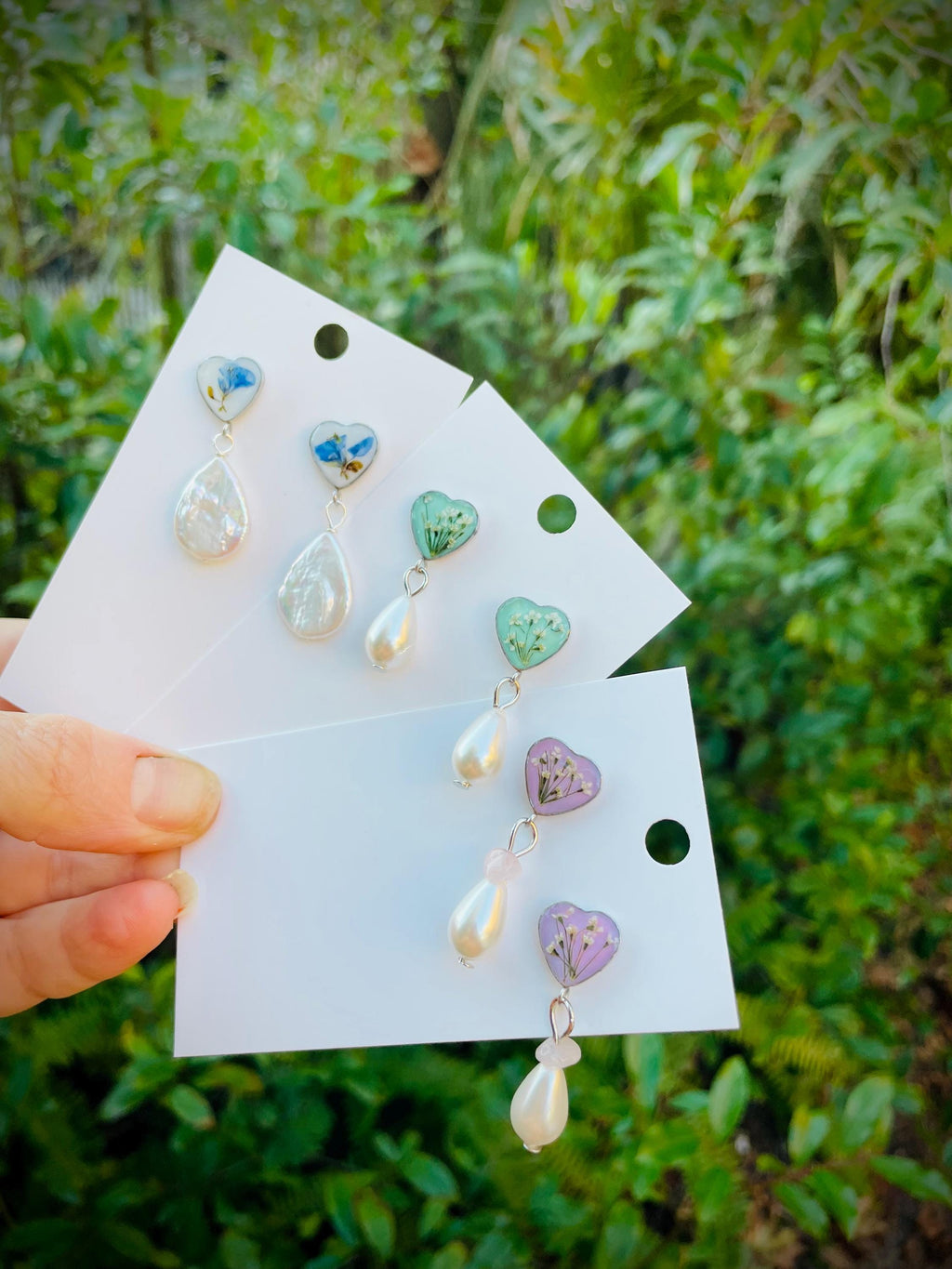 Heart Cameo Earrings: Queen Anne's Lace, Resin & Pearl Dangle