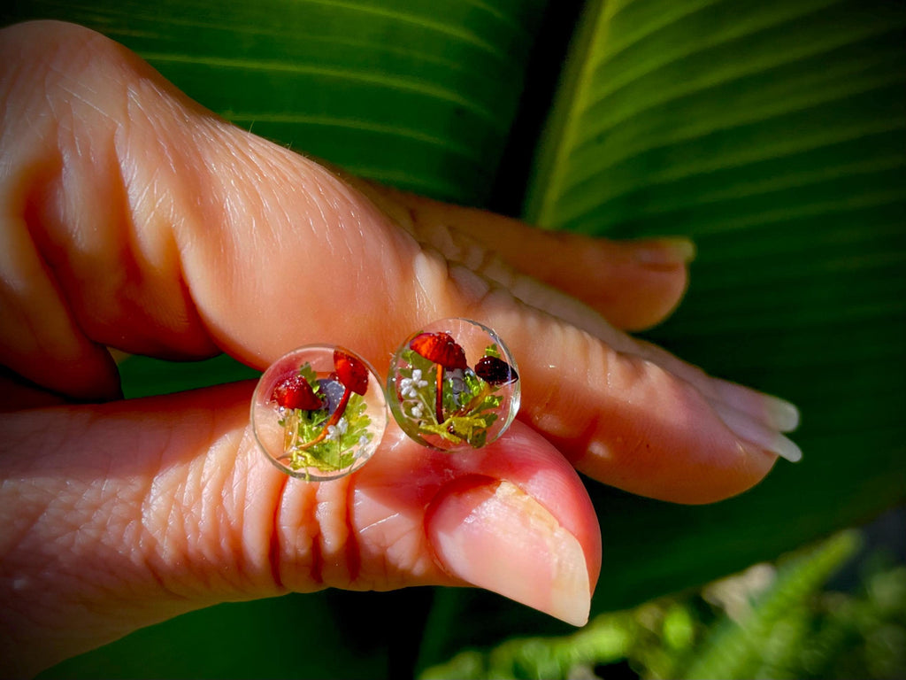 Men's Unique Stud Earrings: Hypoallergenic Real Mushroom Fern with Birthstone, Nature-Inspired Valentines gift